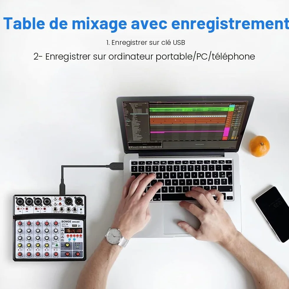 Console de mixage audio DJ BOMGE 6 canaux 48 V 99 DSP Noir