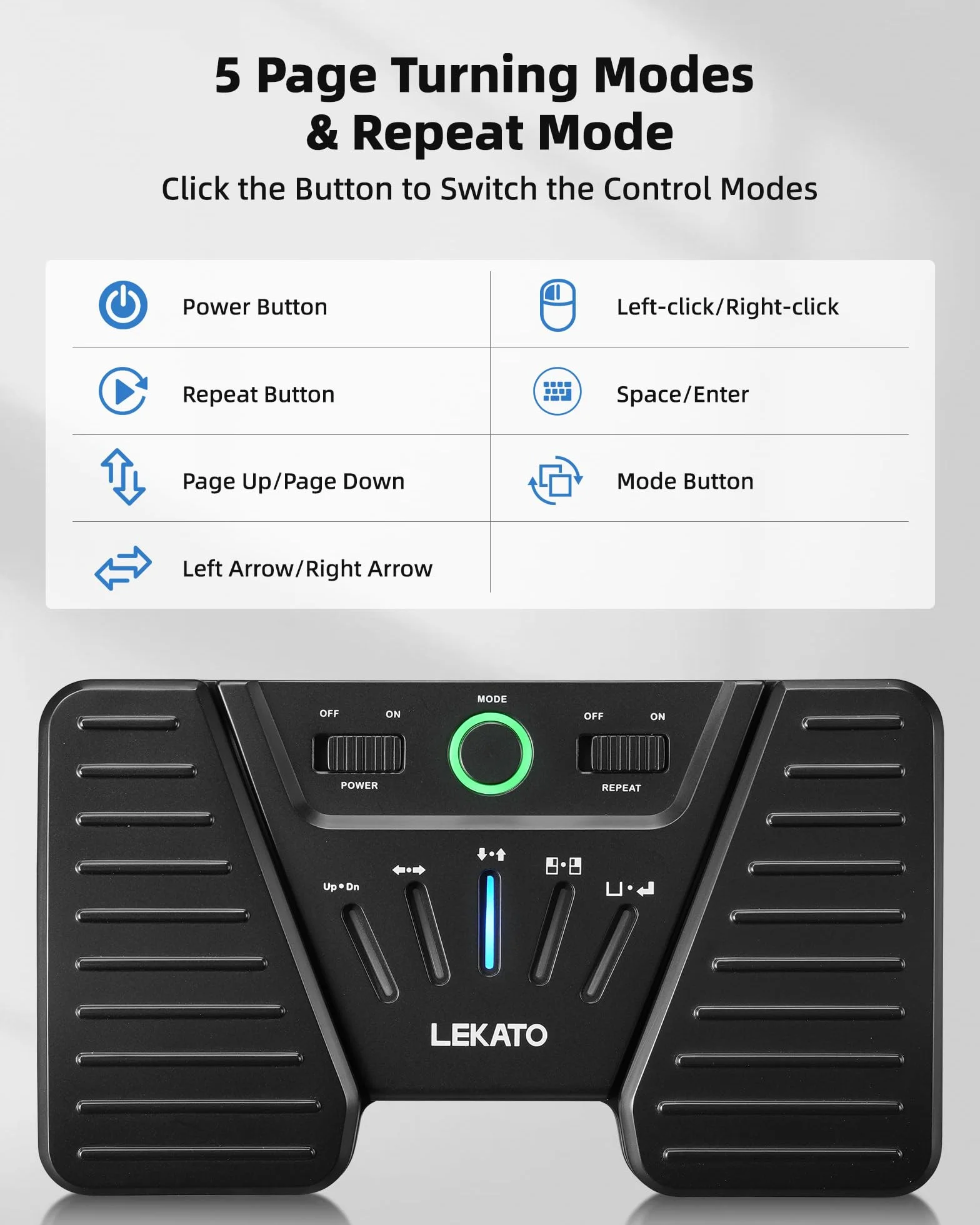LEKATO Bluetooth Page Turning Pédale sans fil, tourne-page Bluetooth, contrôleur rechargeable pour téléphone, tablettes, 5 modes