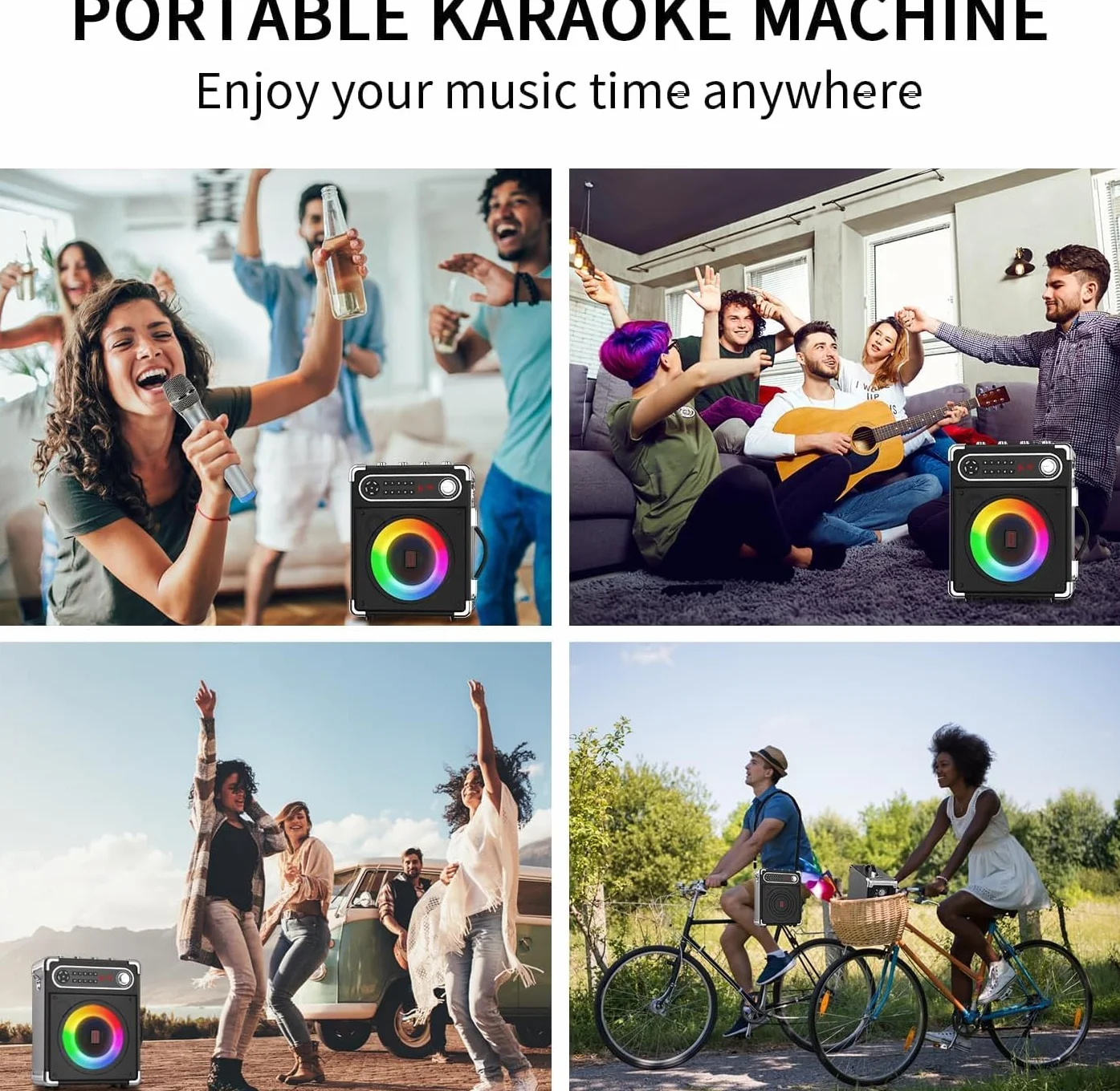 Karaoké avec 2 Microphones sans Fil, Enceinte Bluetooth 5.3 Portable avec Lumières LED, Système de Sonorisation
