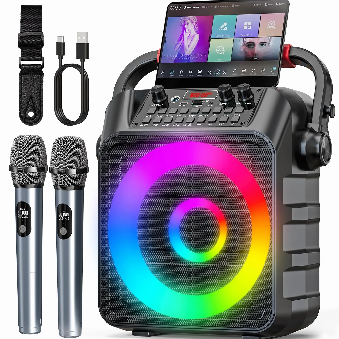 Machine karaoké pour Adultes Enceinte Bluetooth Portable 2 Microphones Professionnel LED USB TF AUX MIC TWS