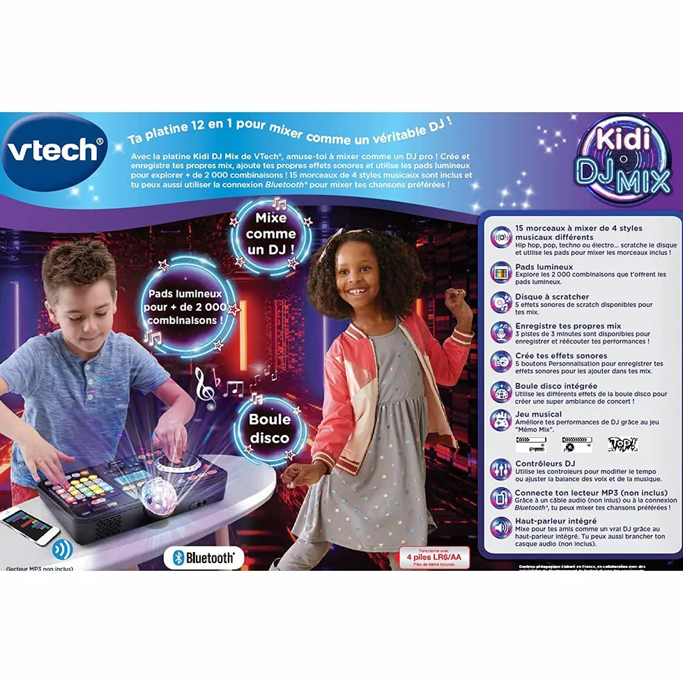 VTech Kidi DJ Mix Platine DJ Enfant 12 en 1 Table de Mixage Bluetooth avec Pads Lumineux