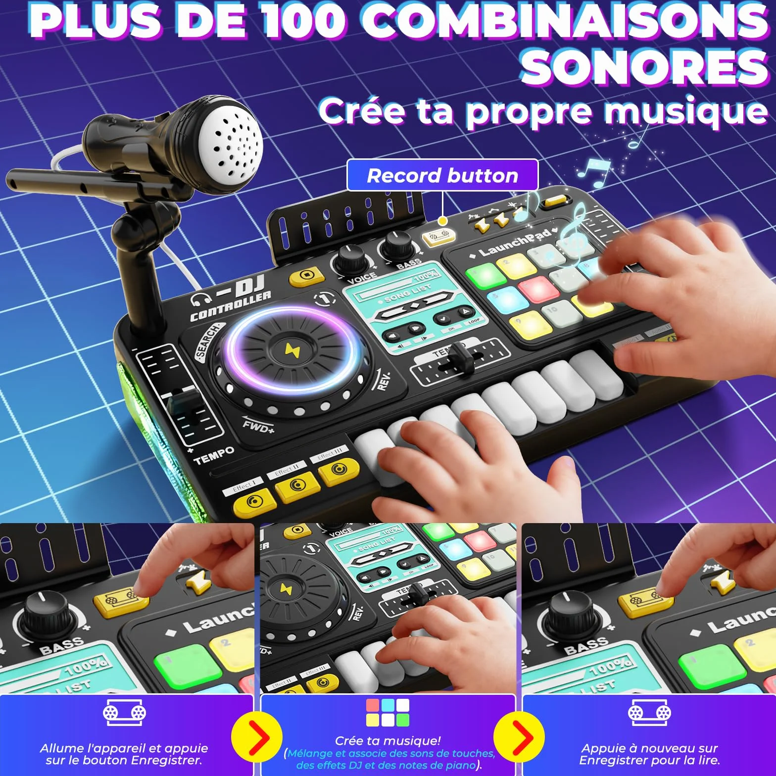 Table de mixage DJ pour enfants 3-10 ans avec microphone, 100 effets sonores, batterie, cadeau débutant garçon fille