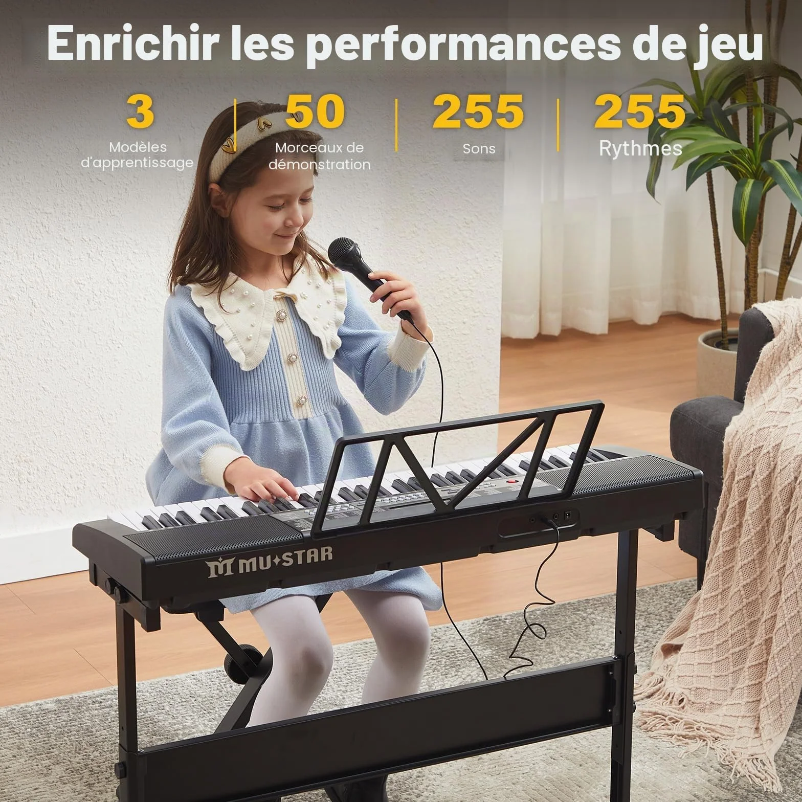 MUSTAR Piano à clavier lumineux 61 touches, clavier numérique pour débutants avec support, tabouret, casque (Noir)