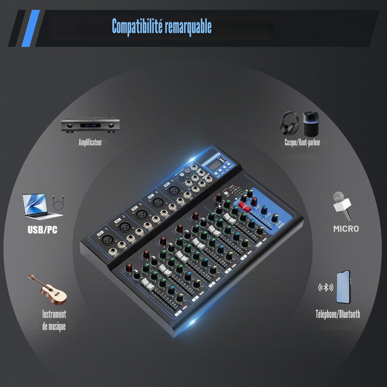 Table de mixage 7 canaux USB entrée micro 2 enregistreur audio