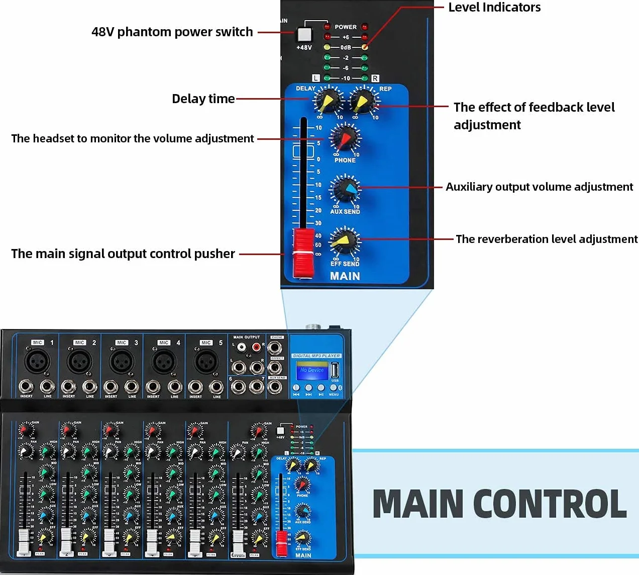 Depusheng HT7 Table de mixage audio Bluetooth portable 7 canaux USB MP3 48V