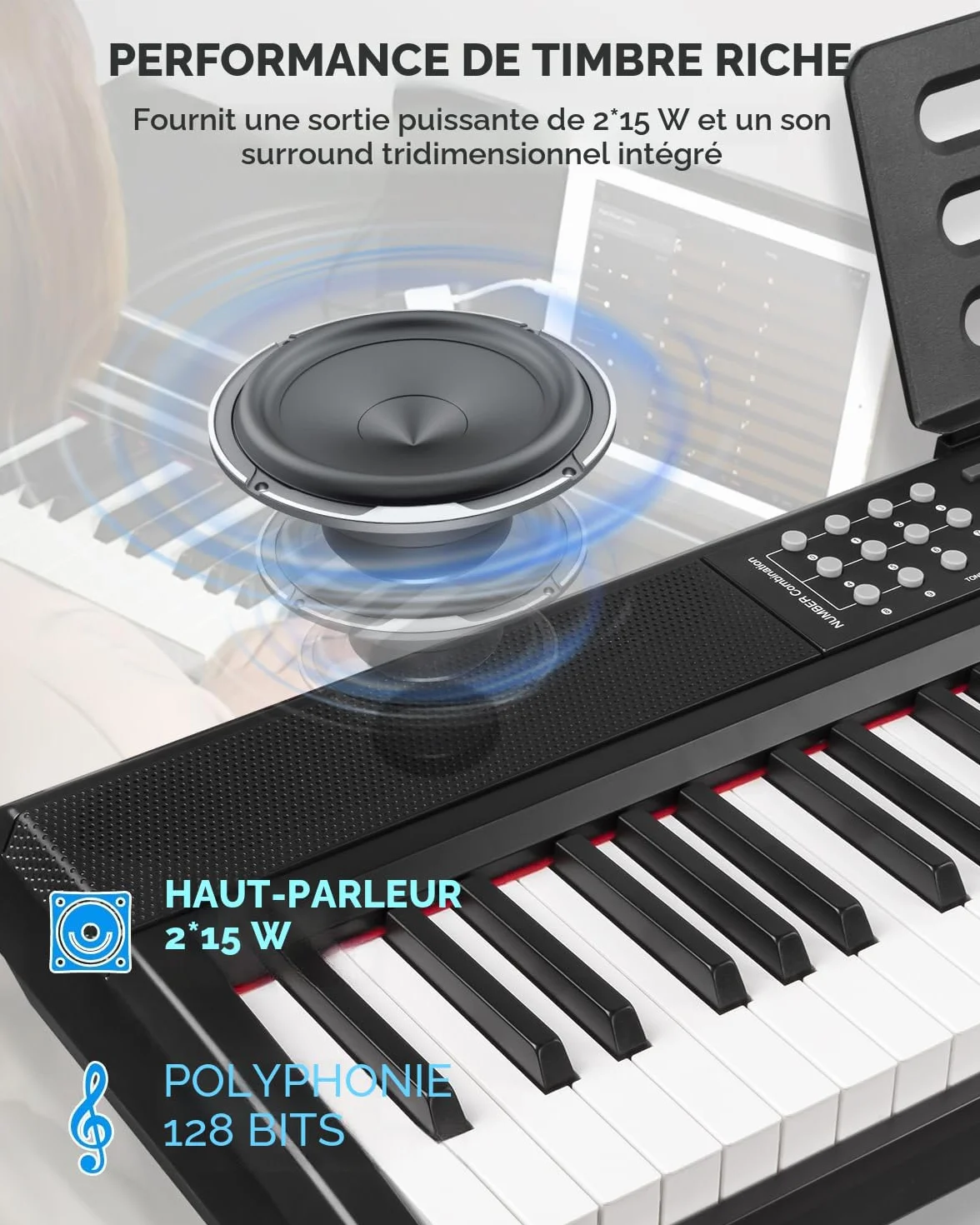 STRICH Piano électrique 88 touches lesté avec pédale de soutien, mécanisme martelé, 2 haut-parleurs 15 W, USB MIDI/sans fil, SDP
