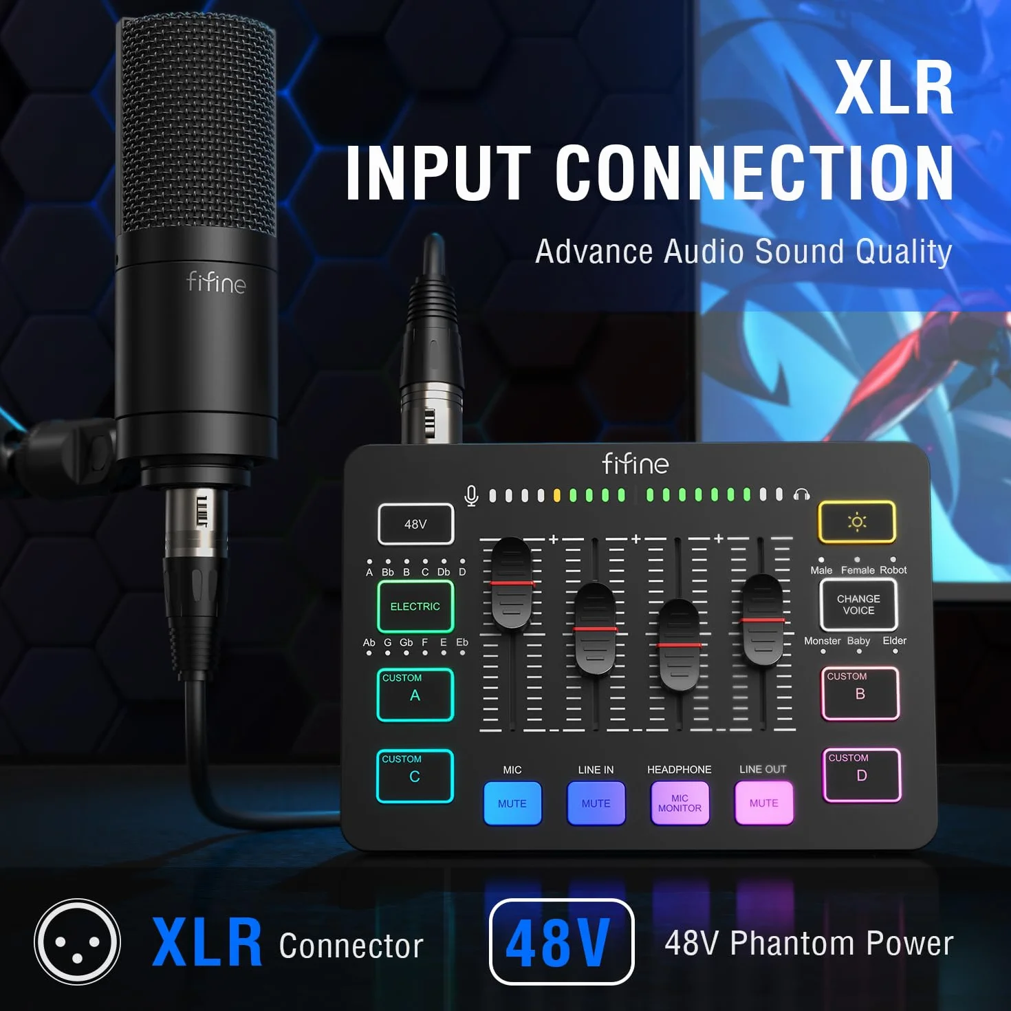 FIFINE Mélangeur audio de jeu pour streaming, interface audio PC RVB, mixeur DJ avec interface microphone XLR