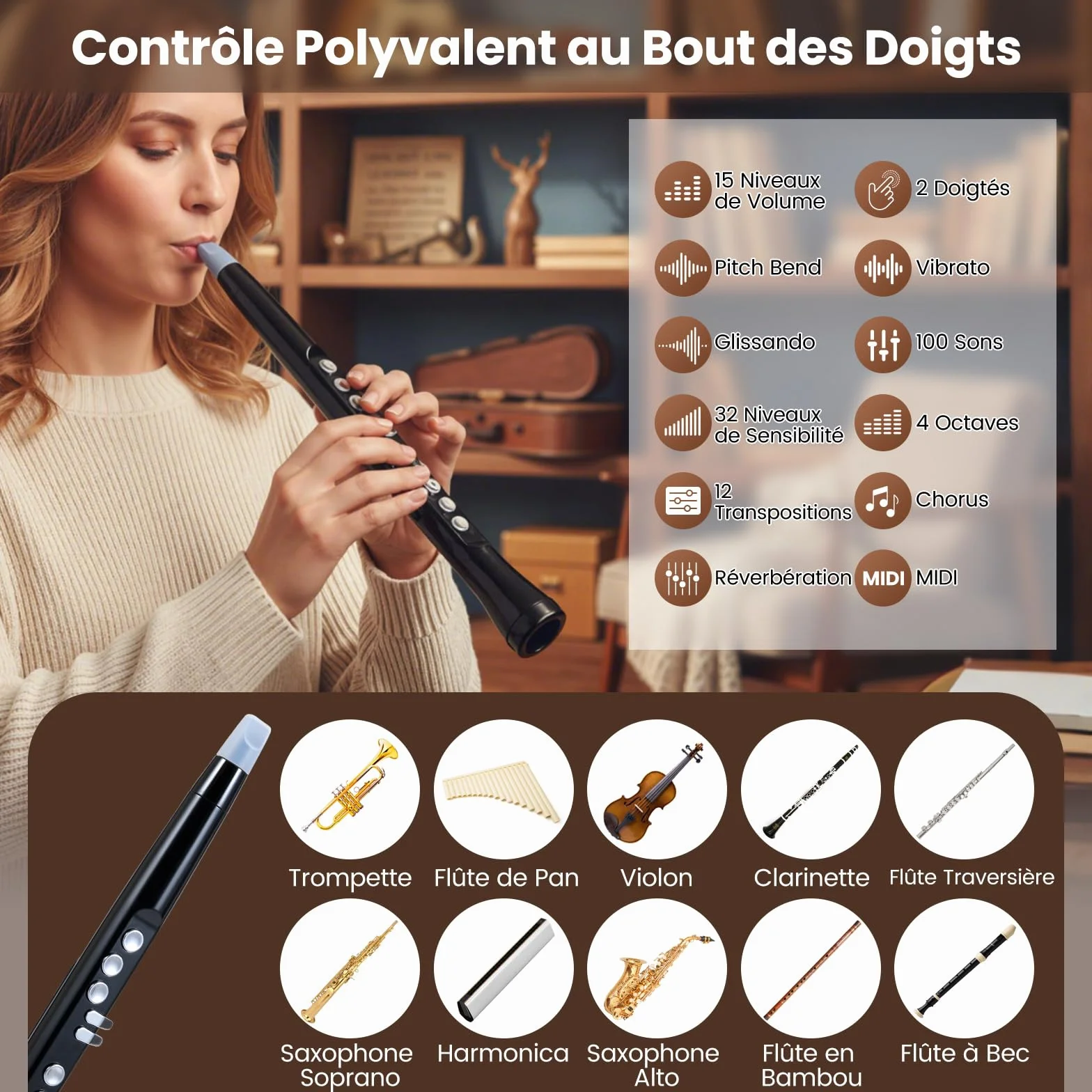 COSTWAY Saxophone Electronique MIDI 100 Tons 2 Doigtés Instrument à Vent Numérique 32 Sensibilités Soufflage 2 Becs Haut-parleur 3W Sac Transport Débutants