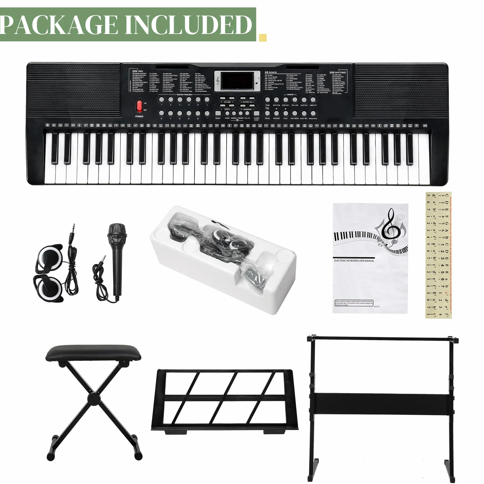 LEADZM Piano Numérique 61 Touches avec Support, Banc, Pupitre, Casque, Microphone, Écran LED, 3 Modes d'Apprentissage pour Débutants Noir