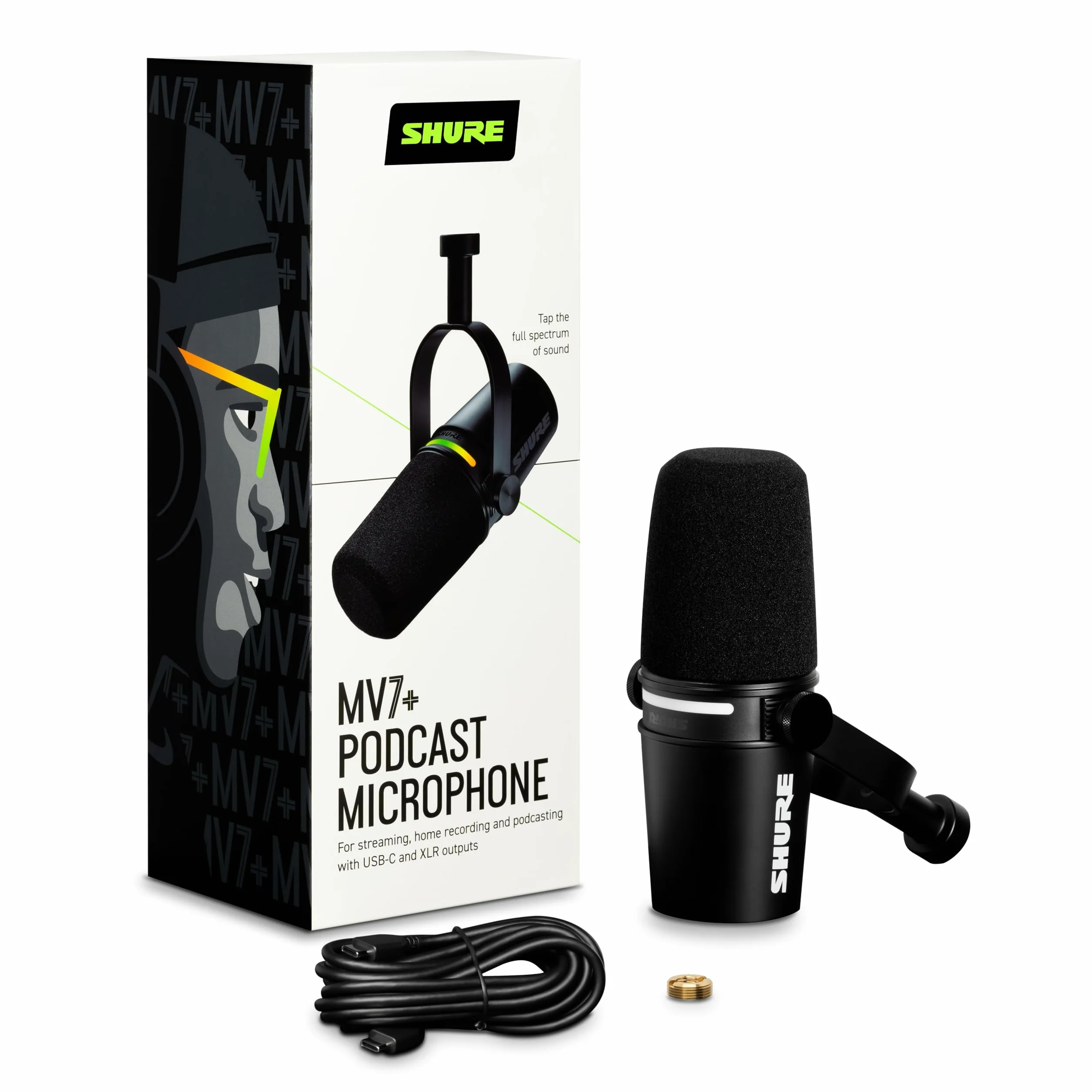 Shure MV7+ Microphone Podcast Audio LED USB-C XLR Auto Level Noir