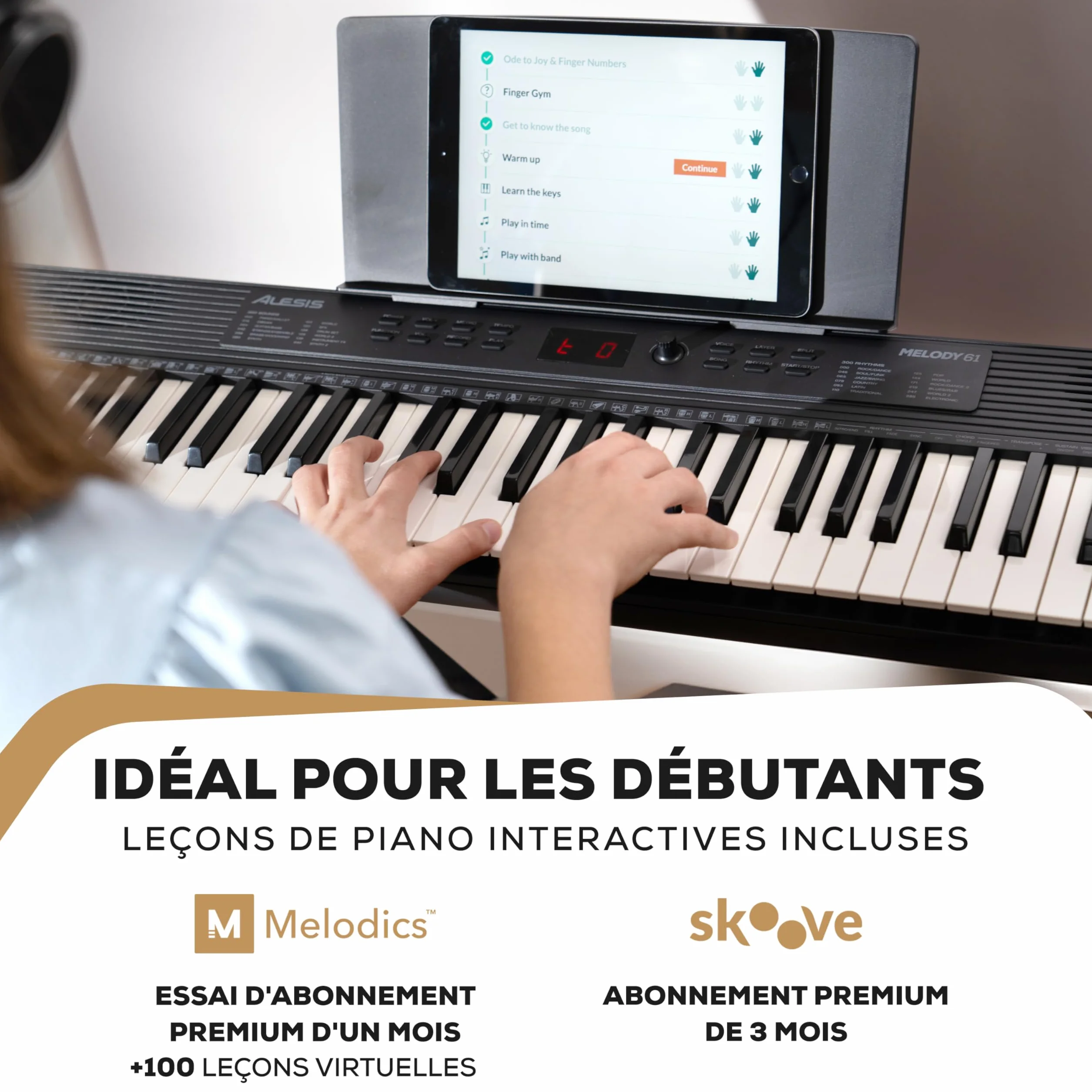 Alesis Melody 61 Piano Numérique 61 Touches pour Débutants avec Haut-Parleurs, Support, Banc, Casque, Pupitre, 300 Sons