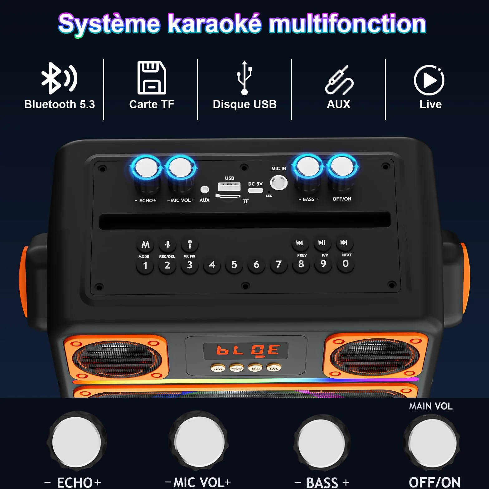 Machine de Karaoké Bluetooth Portable avec 2 Microphones Sans Fil, Haut-Parleur avec Lumières Disco, Supporte TWS/FM/AUX/USB/TF
