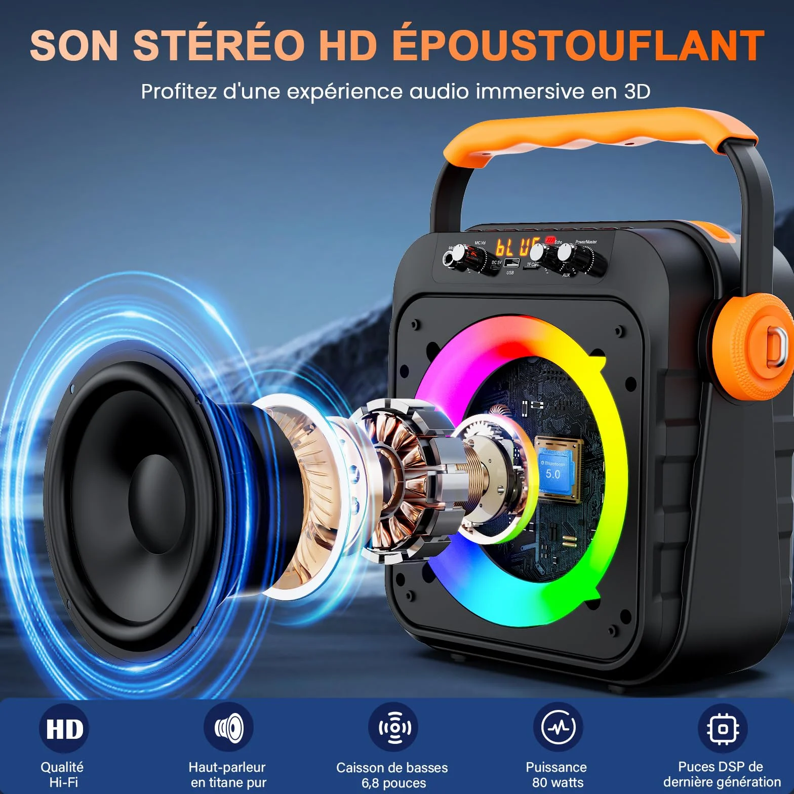 JYX Enceinte Karaoke 80W 2 Micros sans Fil Subwoofer 6,8'' Batterie 6500mAh Lumières LED