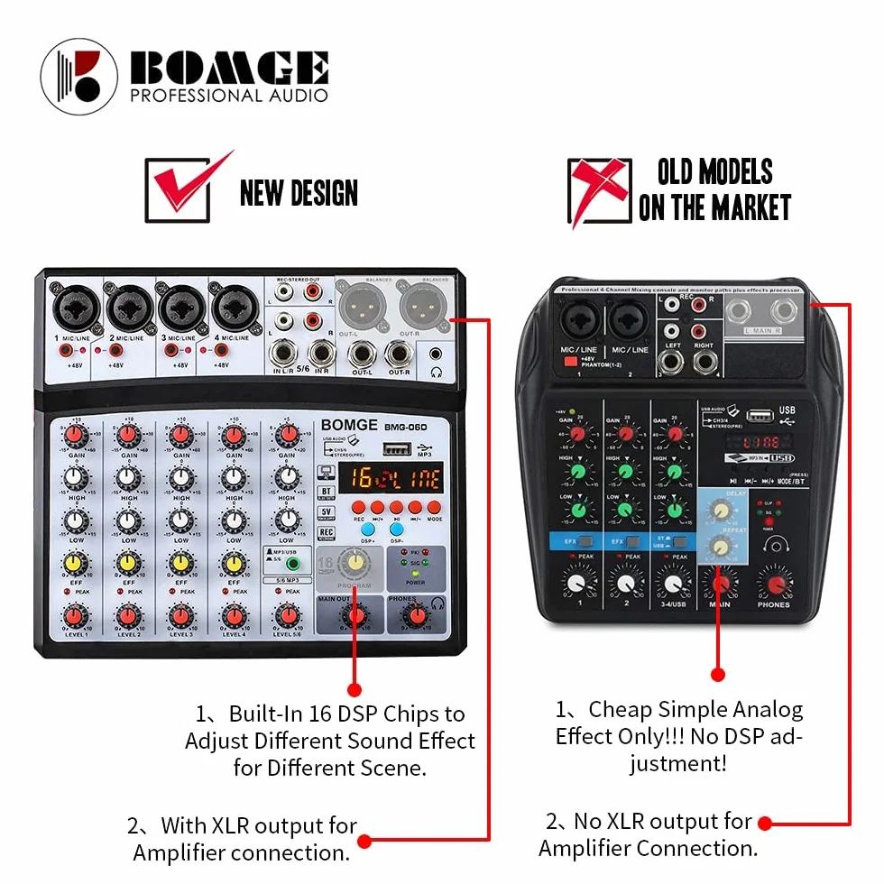 Console de mixage audio DJ BOMGE 6 canaux 48 V 99 DSP Noir