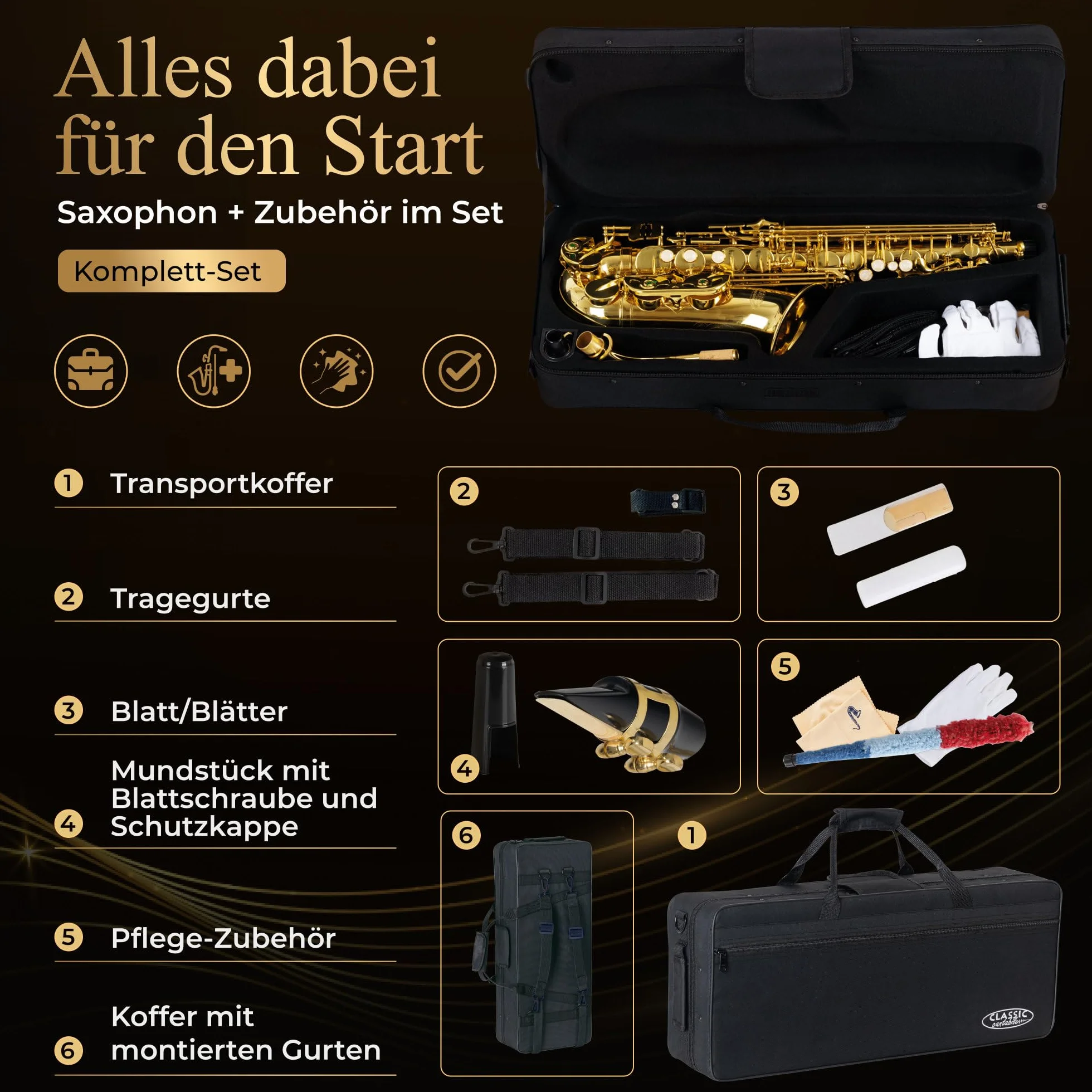 Classic Cantabile AS-450 Saxophone alto en laiton, accordage il, étui léger et accessoires