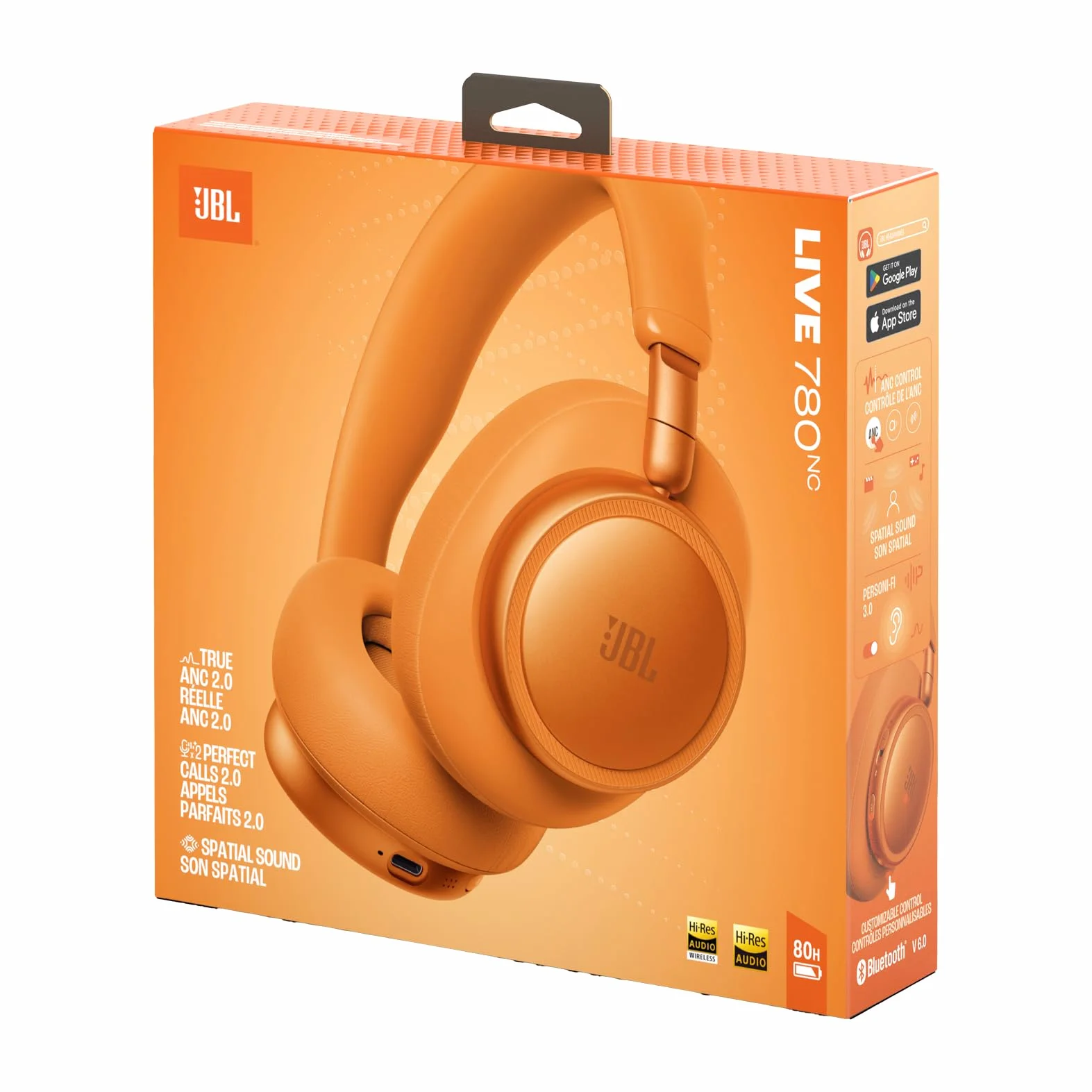 JBL Live 780NC Casque Circum-Auriculaire sans Fil à Réduction de Bruit Adaptative, Son Spatial, Commande Vocale, JBL Pure Bass, Orange