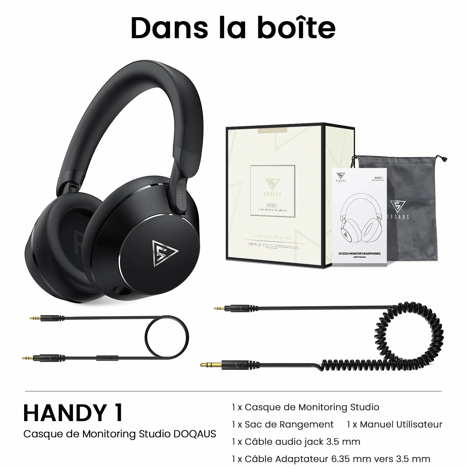 DOQAUS Casque Filaire DJ 50 mm 3,5 mm 6,35 mm pour PC AMP Recording Piano Guitare Noir