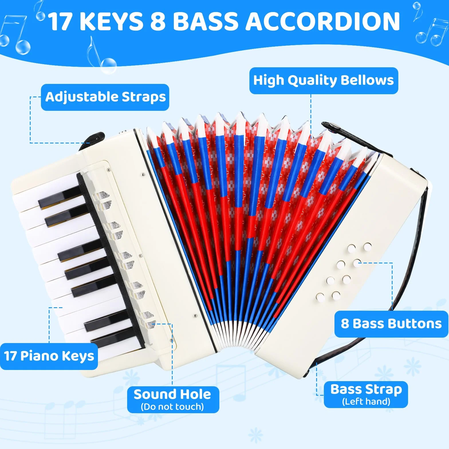 Accordéon pour Enfants 17 Touches 8 Basses Diatonique avec Sangles Réglables Blanc Cadeau Débutants