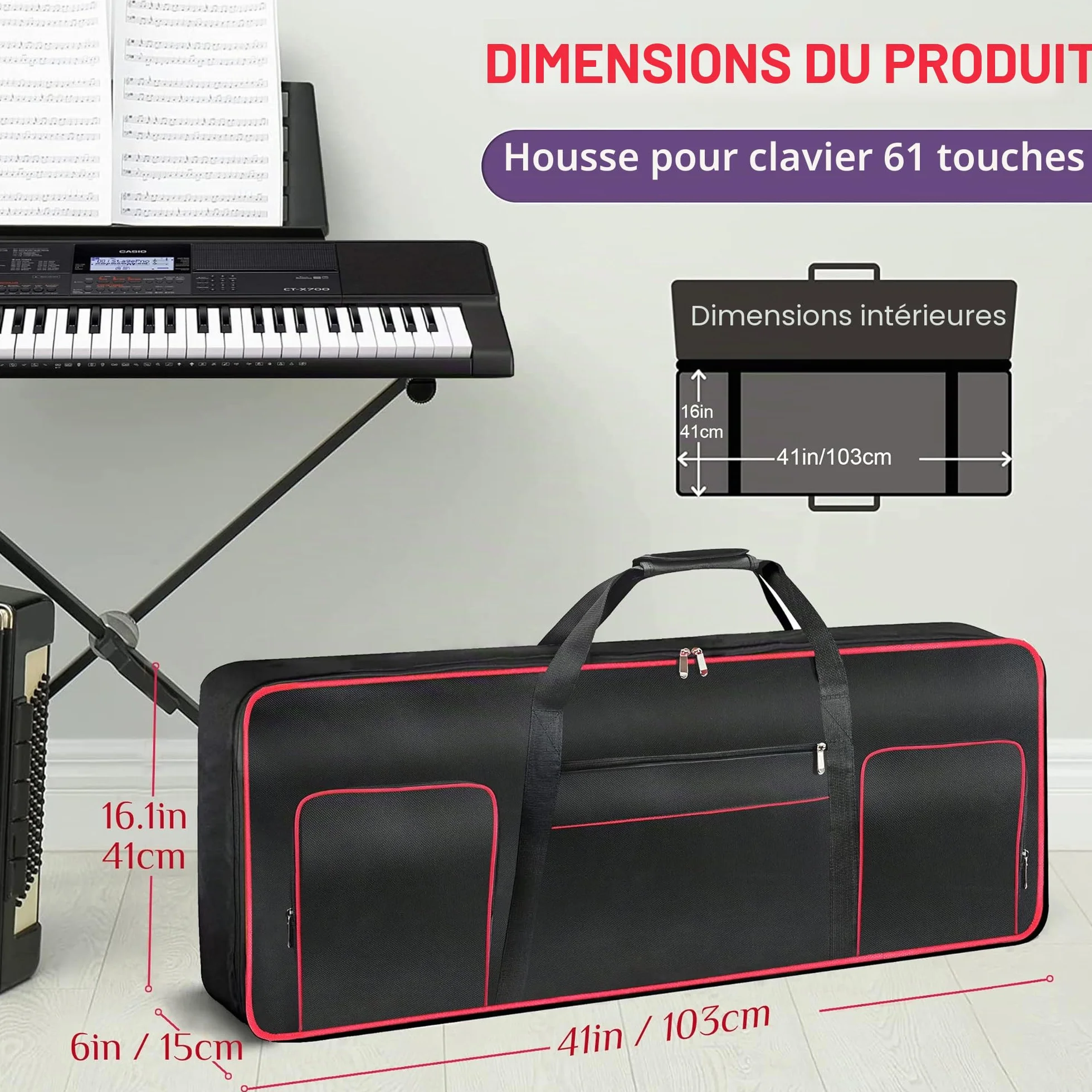 Ruibo Housse de Transport pour Clavier 61 Touches, Tissu Oxford 600D imperméable, 101,6 x 40,6 x 15,2 cm, Noir + Rouge