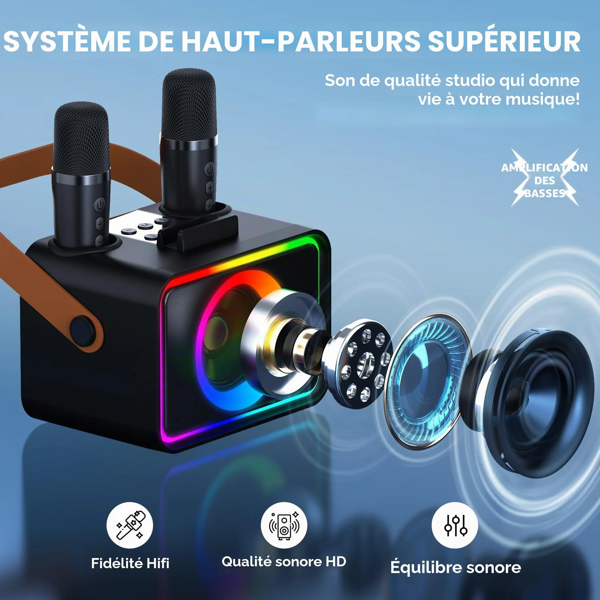 Machine de karaoké Bluetooth portable avec 2 microphones et lumières Disco