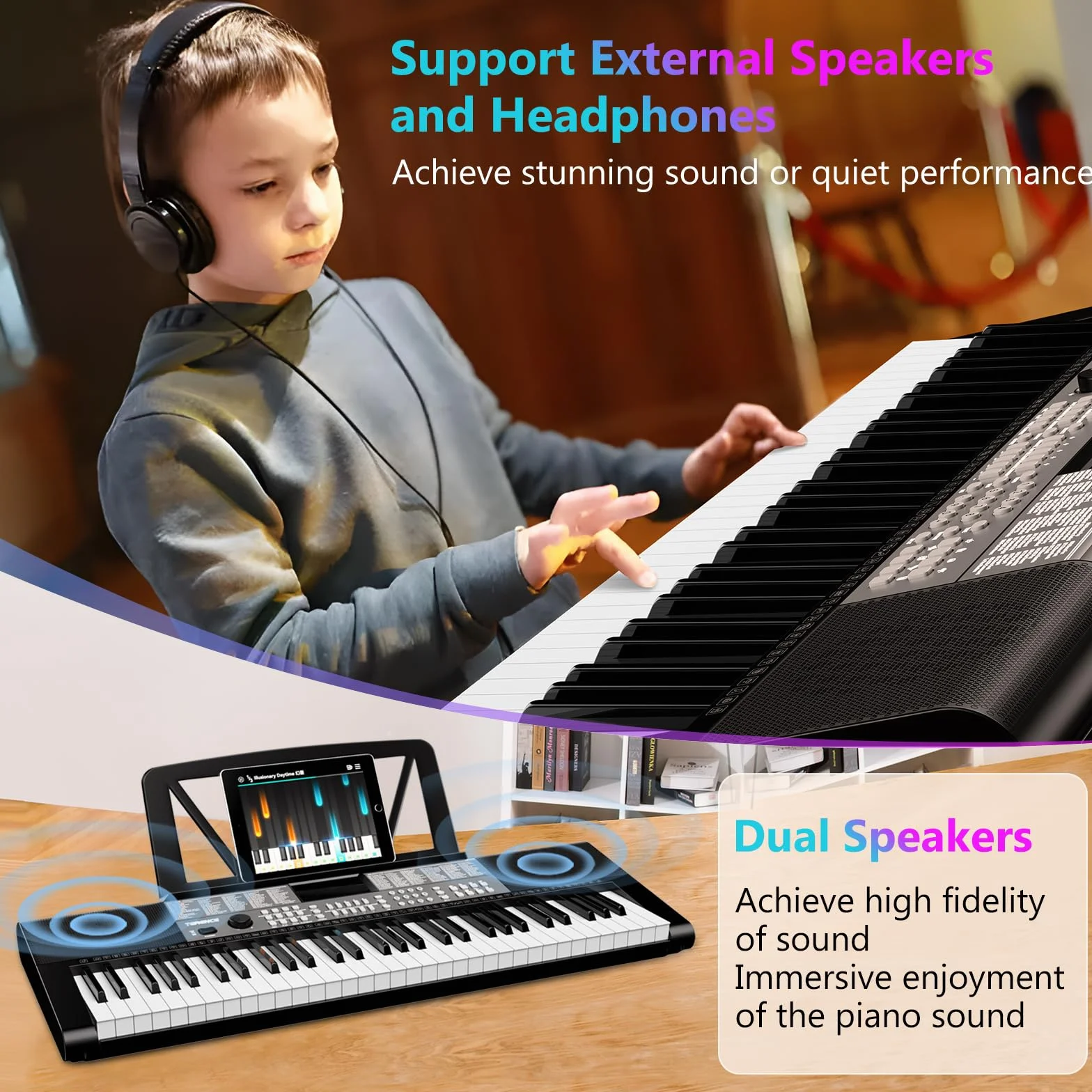 TERENCE Piano Numérique 61 Touches Double Haut-parleur HiFi Clavier LED 2 Options d'alimentation