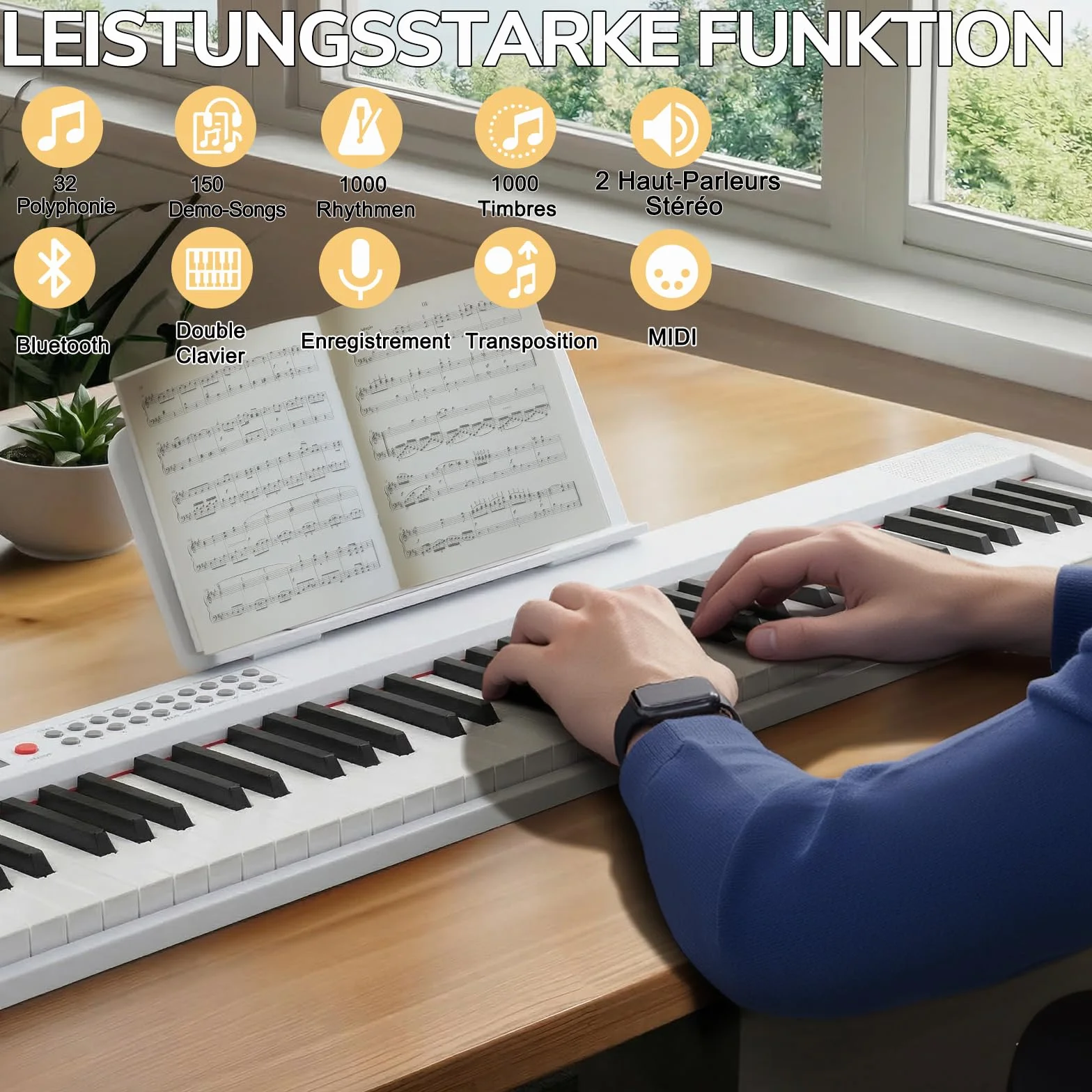 LEADZM Piano Numérique Pliable 88 Touches Semi-Lesté, 2 Modes Bluetooth, 1000 Rythmes, 1000 Sonorités, 50 Démos (Blanc)