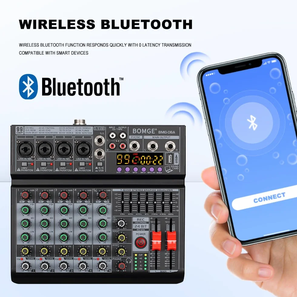 BOMGE Mixeur audio DJ professionnel 6 canaux 99 effets DSP égaliseur 7 bandes 48V Bluetooth USB enregistrement studio