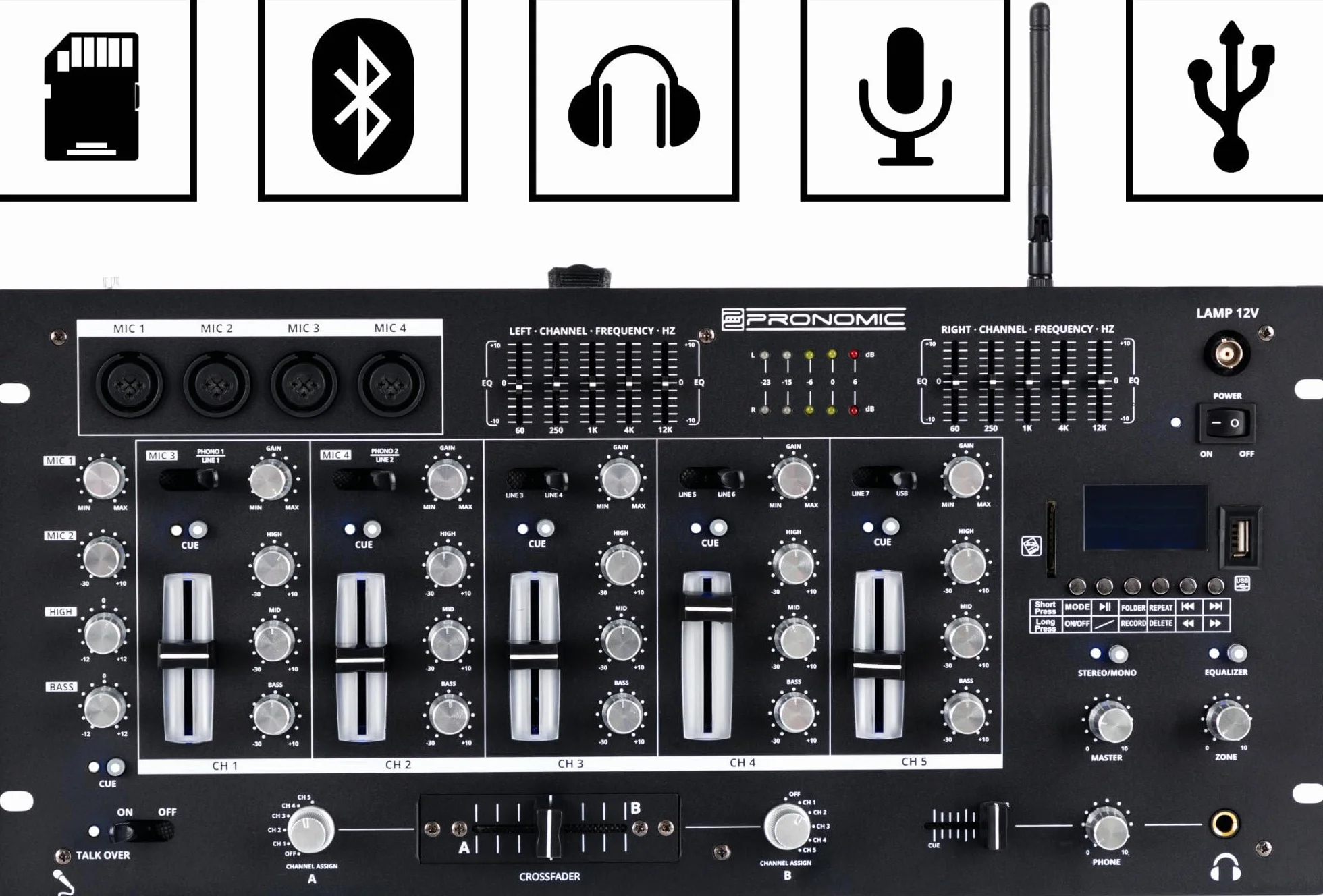 Pronomic DX-165REC MKII DJ-Mixer 5 canaux lecteur USB/SD/Bluetooth Cue enregistrement 4 entrées micro Égaliseur graphique