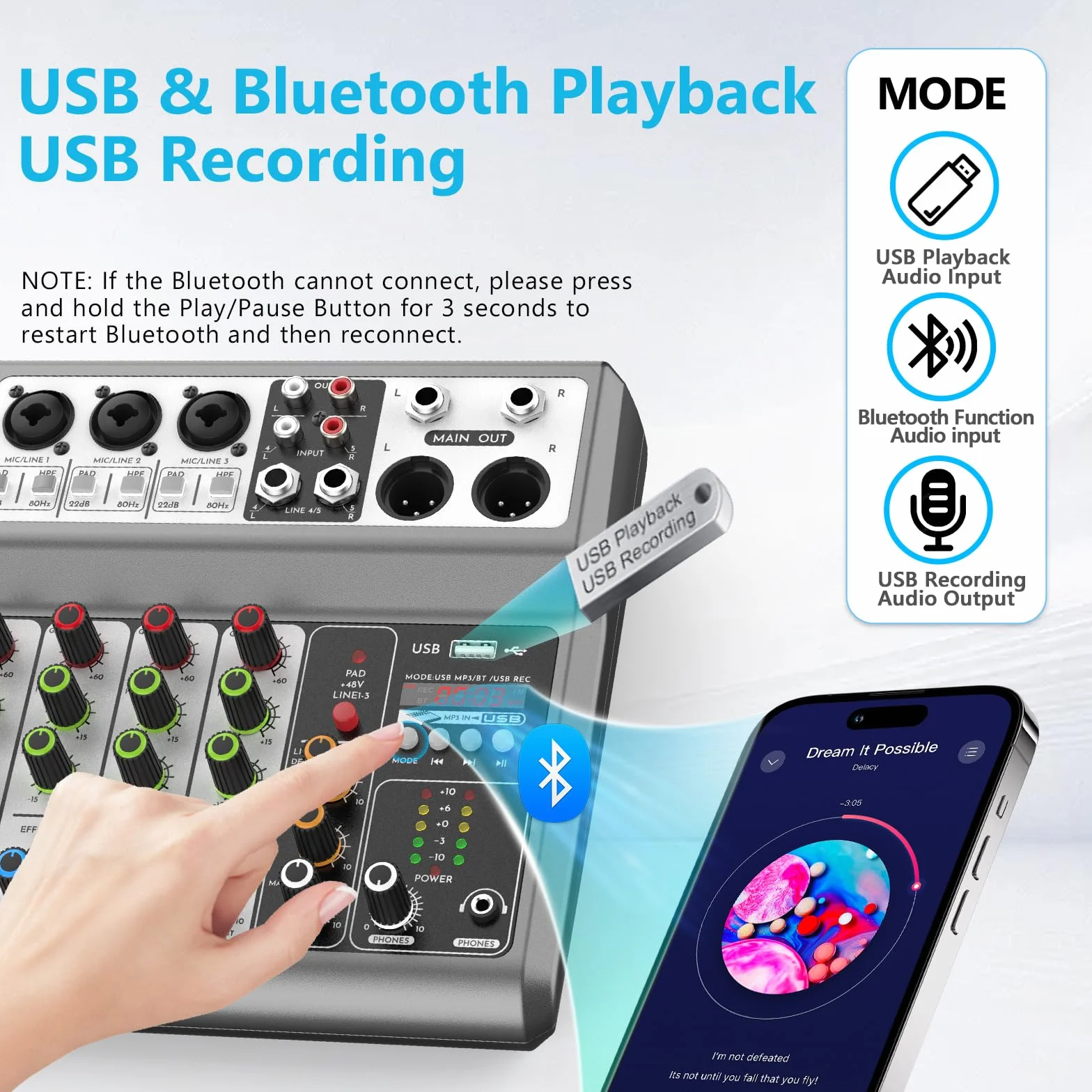 Aveek Console de mixage sonore 5 canaux USB Bluetooth Effets Réverbération delay Alimentation Fantôme 48V Mixeur DJ Stéréo