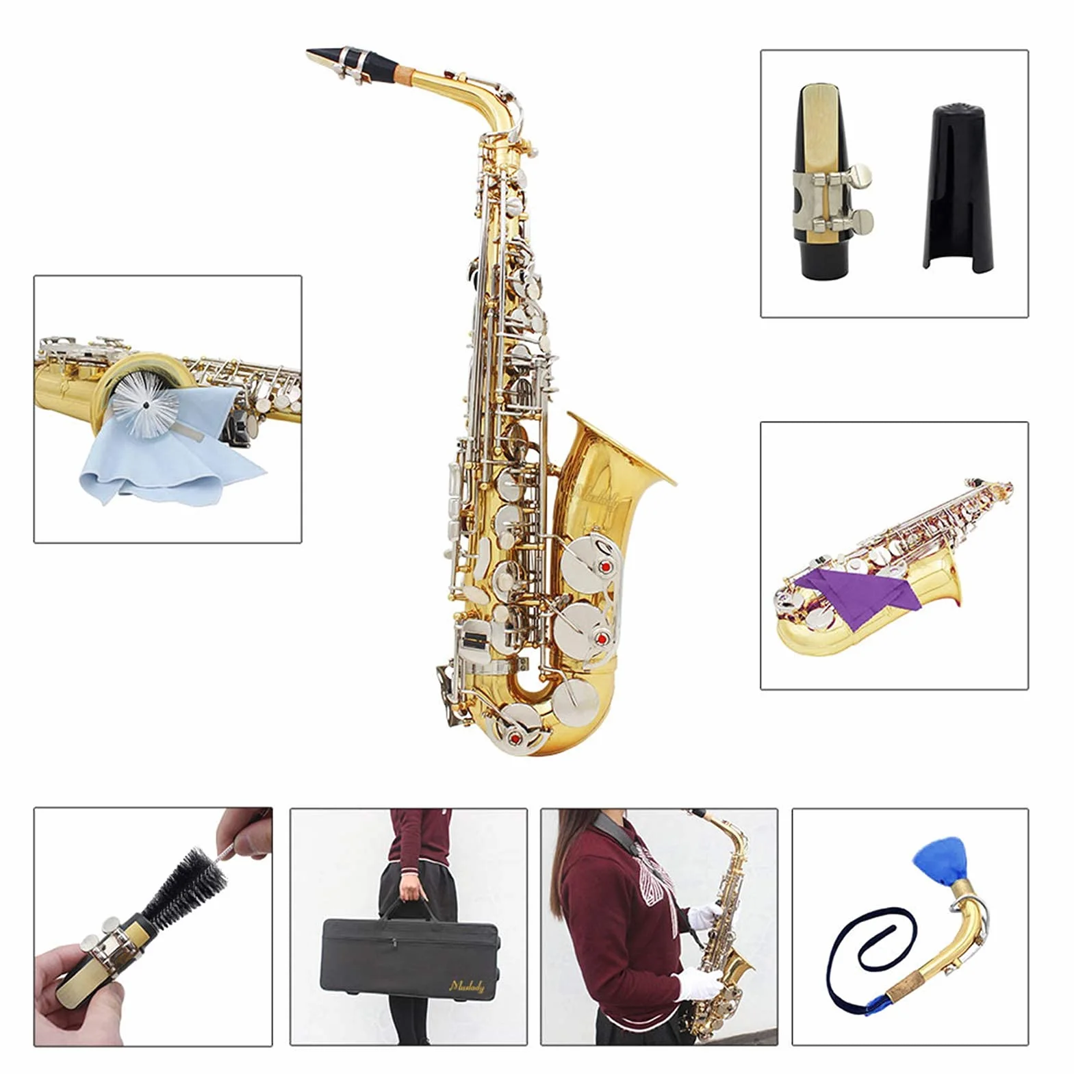 Saxophone alto en laiton brillant Mi bémol avec boutons en coquillage blancs naturels - étui, accessoires