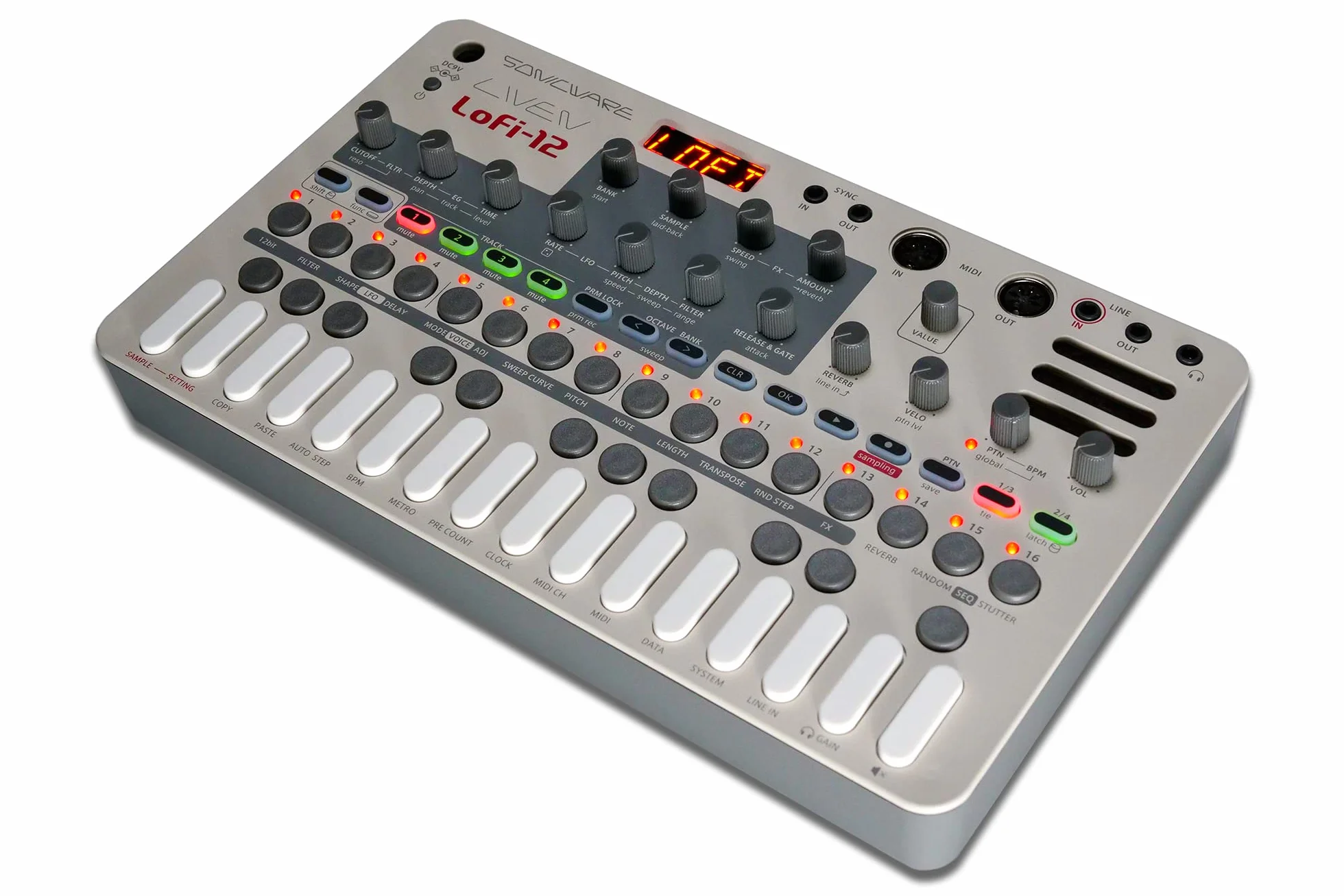 Sonicware LIVEN Lofi-12 Groovebox Sampler 12bit échantillonnage rétro séquenceur pas à pas 4 pistes 10 voix 12 effets