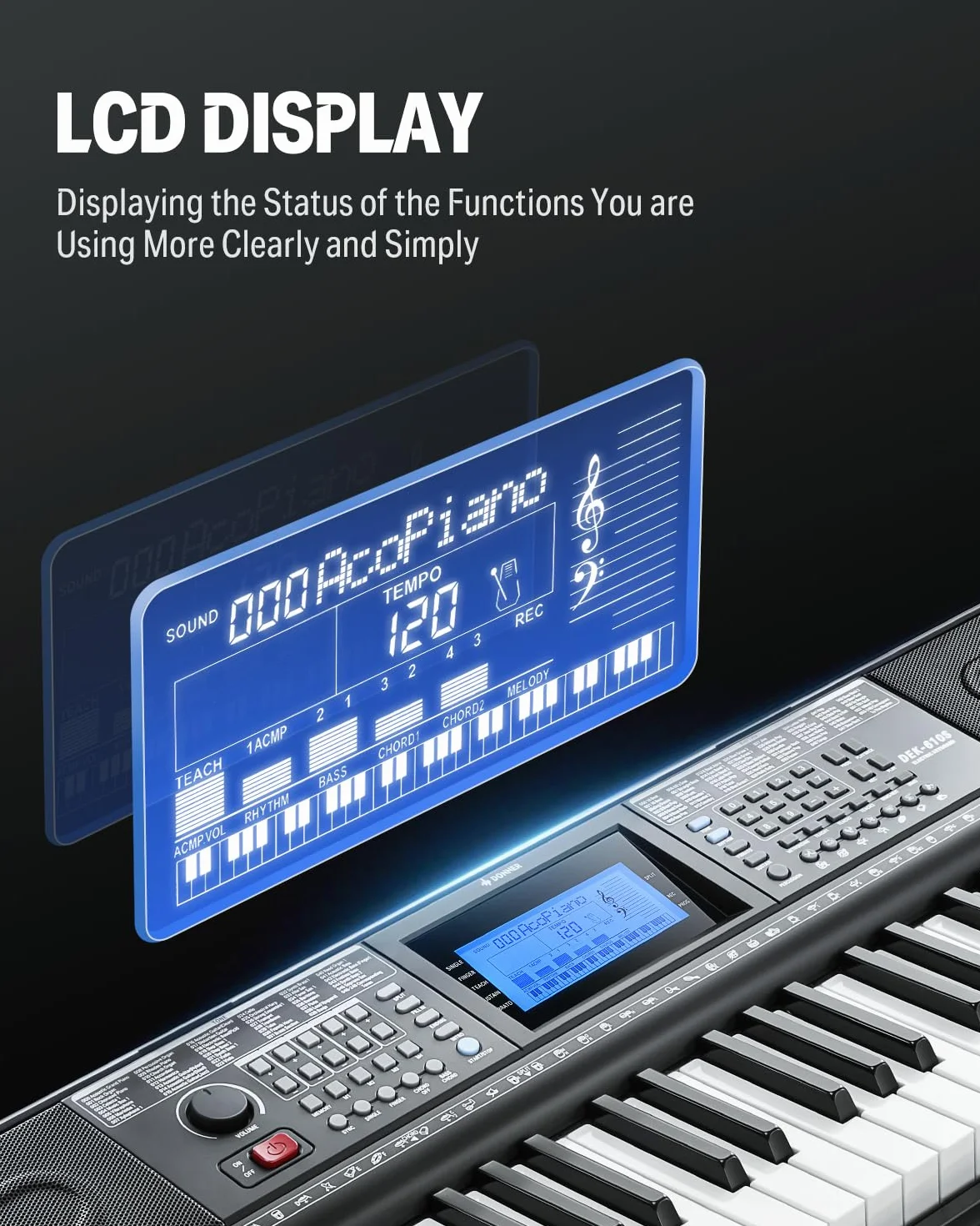 Donner DEK-610S Clavier Électrique 61 Touches 249 Voix 249 Rythmes avec Support Tabouret Microphone Noir