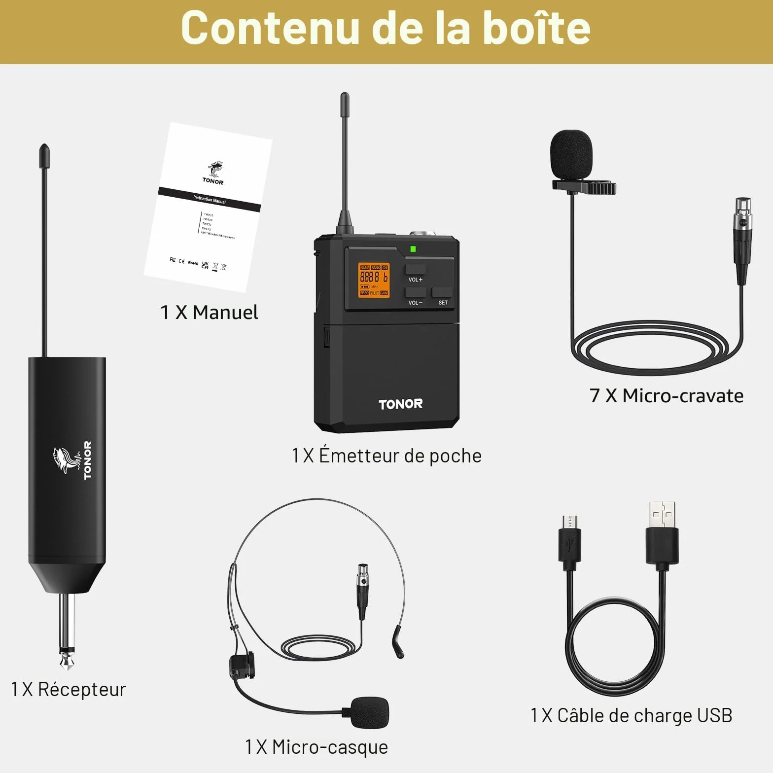 TONOR Micro sans Fil UHF avec Microphone Casque et Micro Cravate, Transmetteur Bodypack, Récepteur Rechargeable 60M