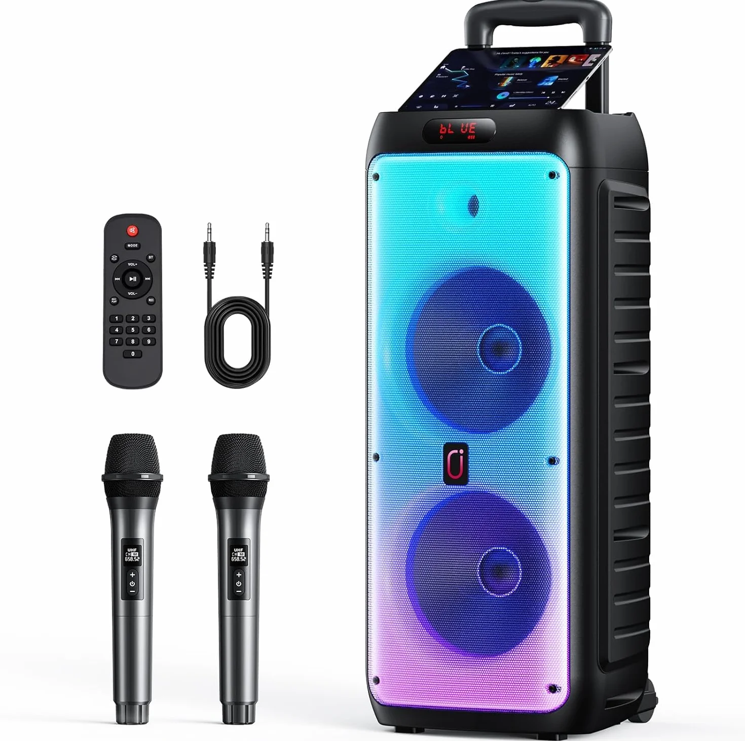 Système Karaoke Bluetooth Portable avec 2 Microphones sans Fil, Enceinte LED Professionnelle, Support USB/TF/AUX/MIC/TWS