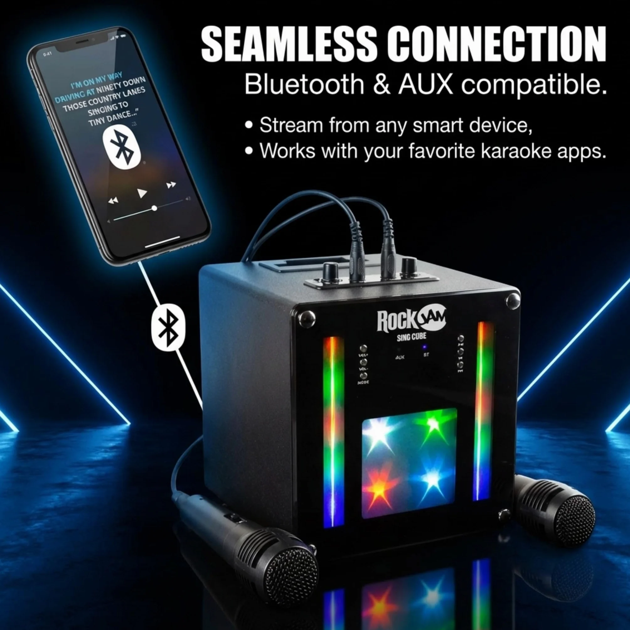 RockJam Machine de karaoké Bluetooth 10 Watts Rechargeable avec Deux Microphones et Jeux de lumière