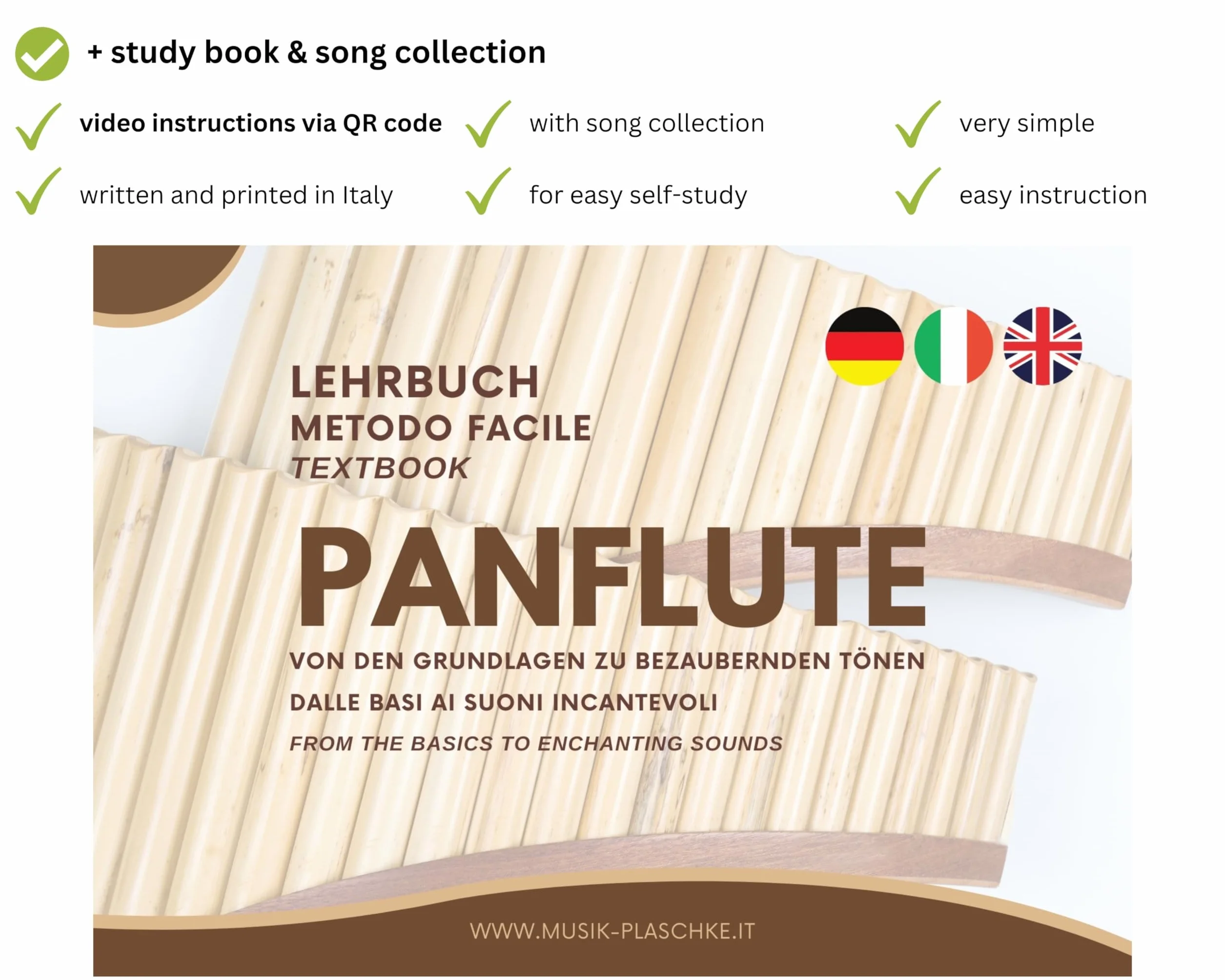 Flûte de pan en bambou avec 20 tubes, lanières en bois, étui et livret - Fabriquée à la main - Tyrol du Sud / Italie