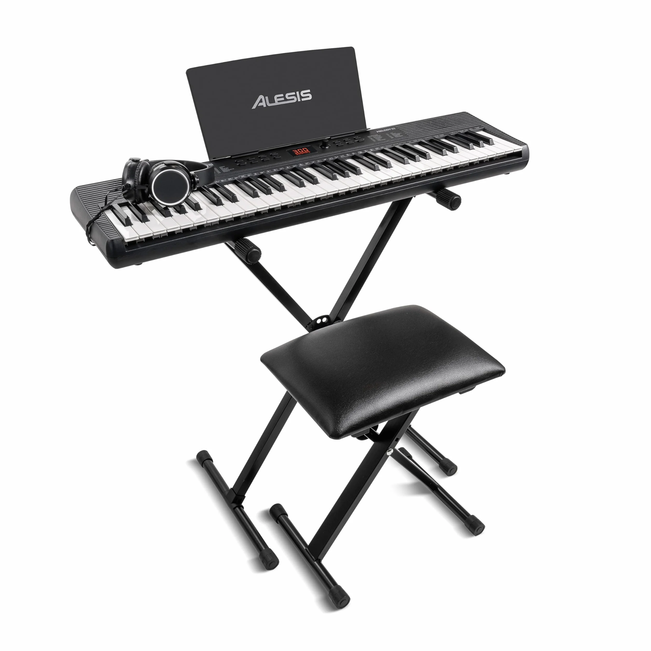 Alesis Melody 61 Piano Numérique 61 Touches pour Débutants avec Haut-Parleurs, Support, Banc, Casque, Pupitre, 300 Sons