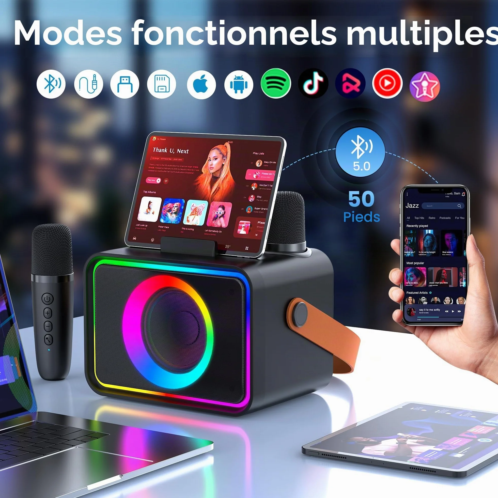 Machine de karaoké Bluetooth portable avec 2 microphones et lumières Disco