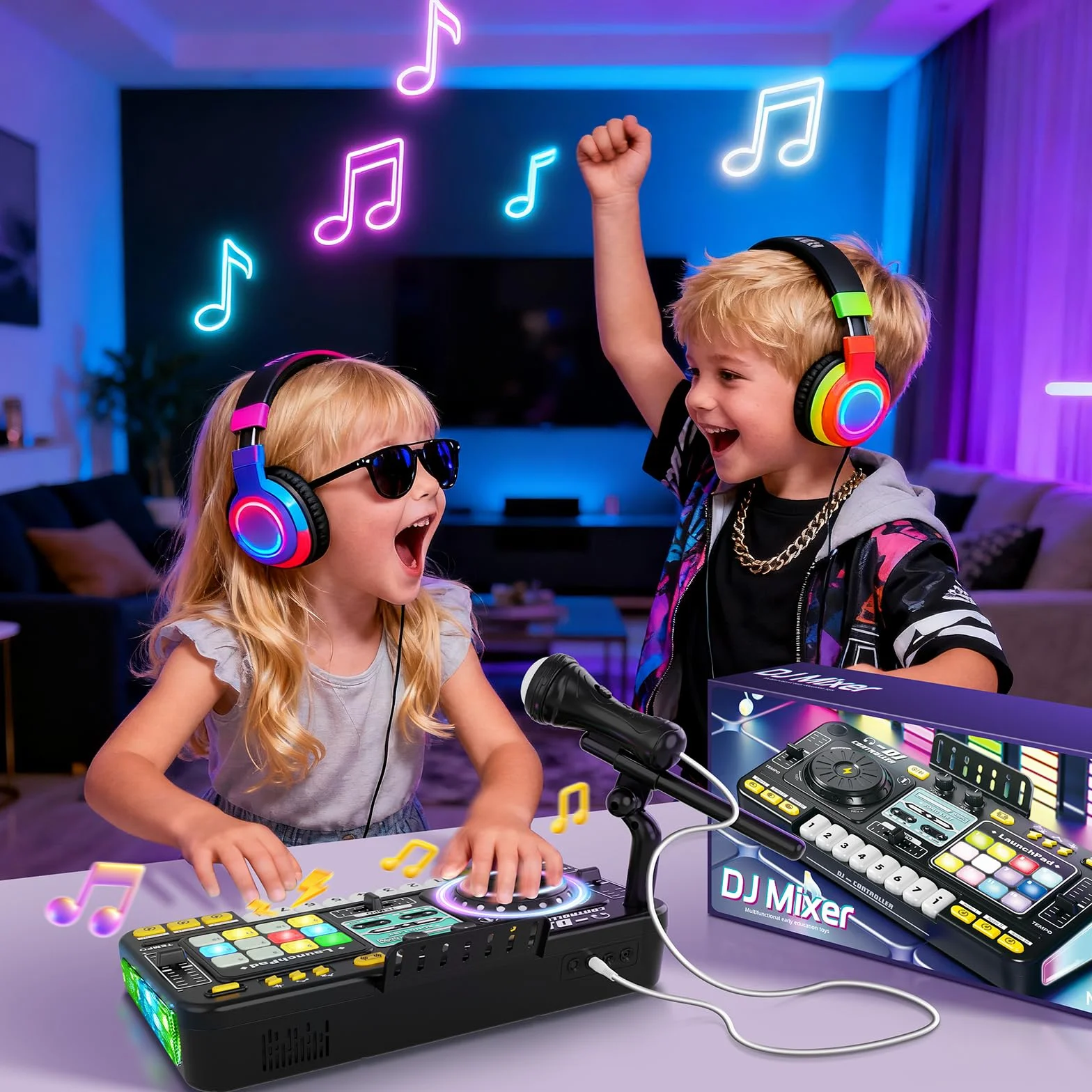 Table de mixage DJ pour enfants 3-10 ans avec microphone, 100 effets sonores, batterie, cadeau débutant garçon fille
