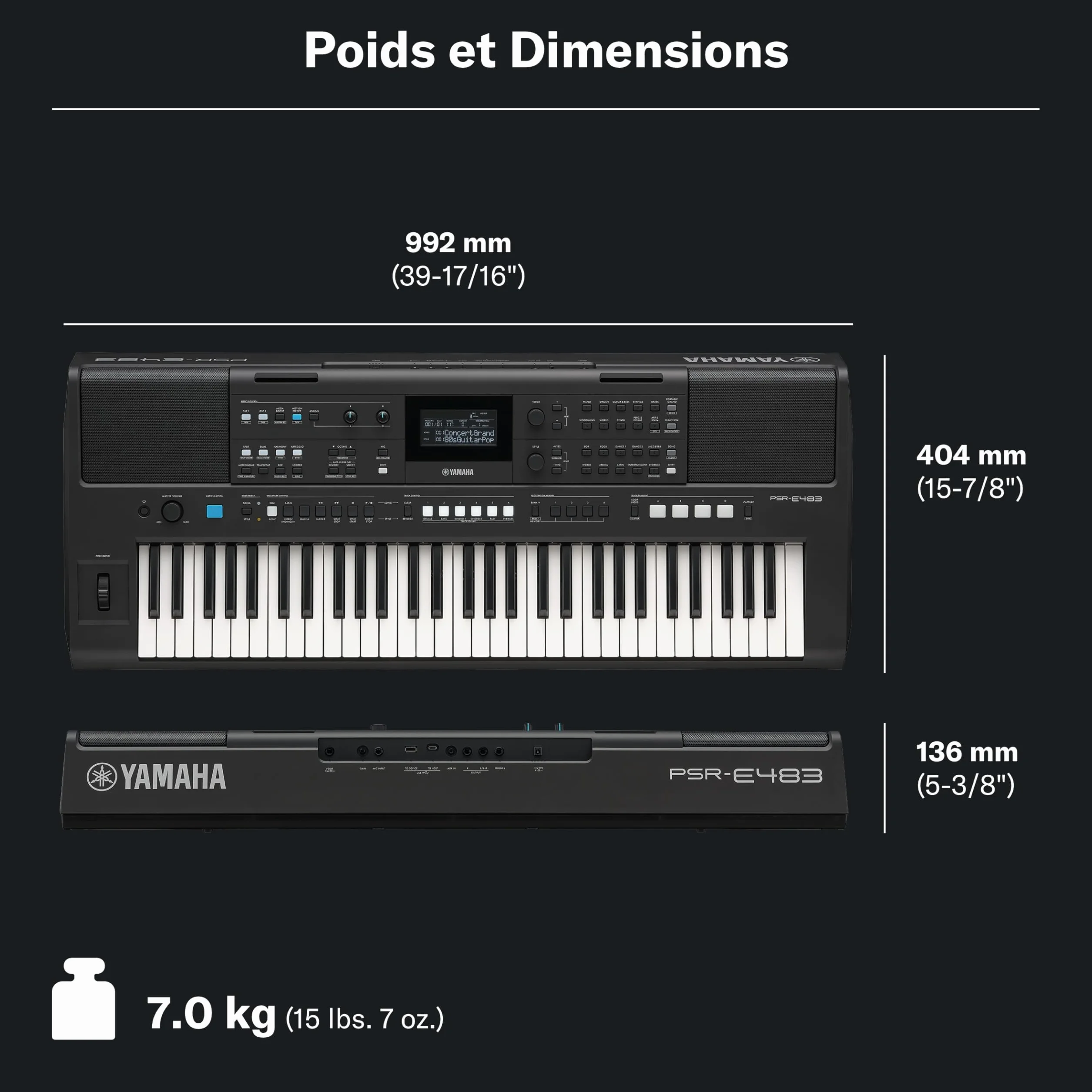 YAMAHA PSR-E483 Keyboard Portable 61 Touches Sensibles 860 Voices 15 Super Articulation Lite 345 Styles Noir