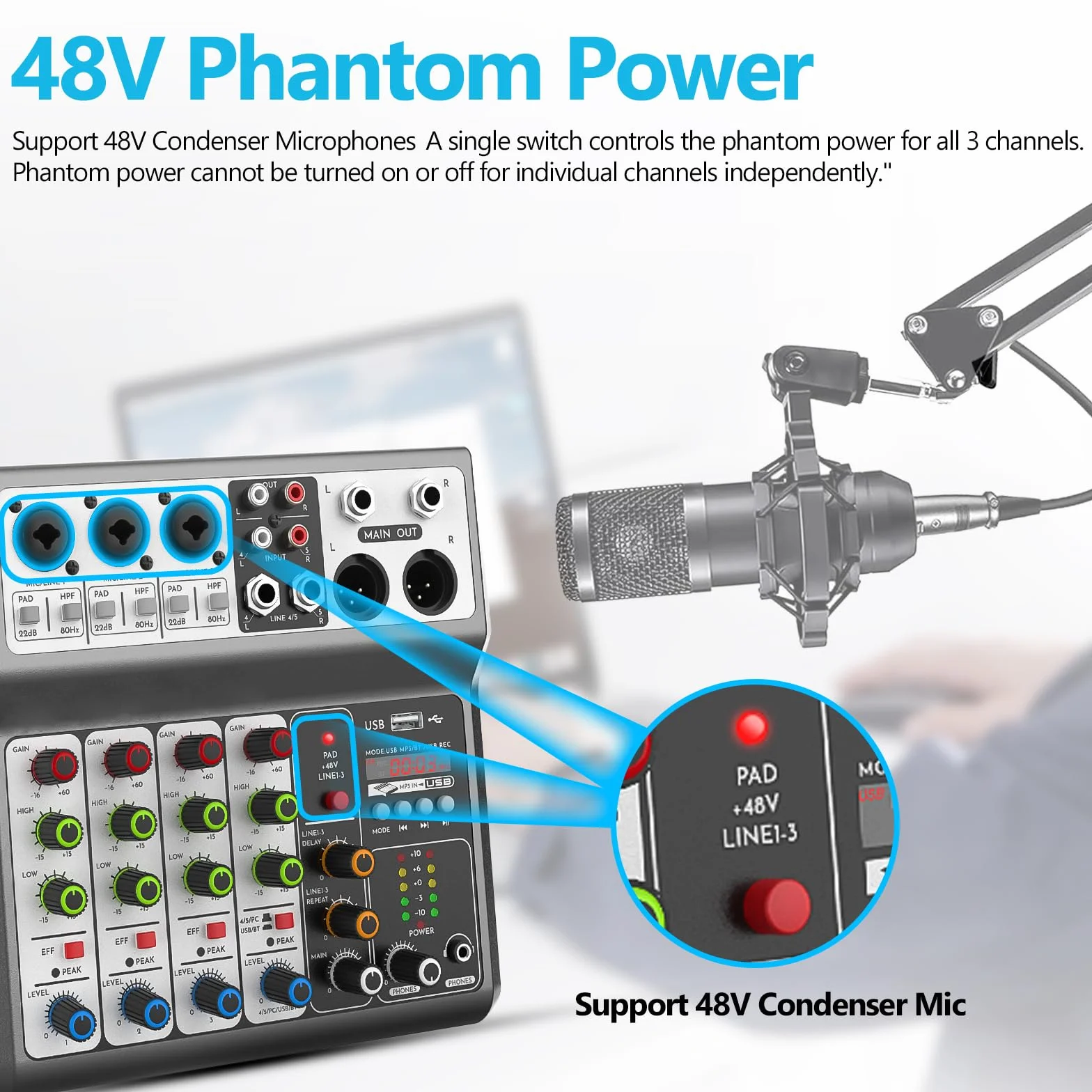 Aveek Console de mixage sonore 5 canaux USB Bluetooth Effets Réverbération delay Alimentation Fantôme 48V Mixeur DJ Stéréo