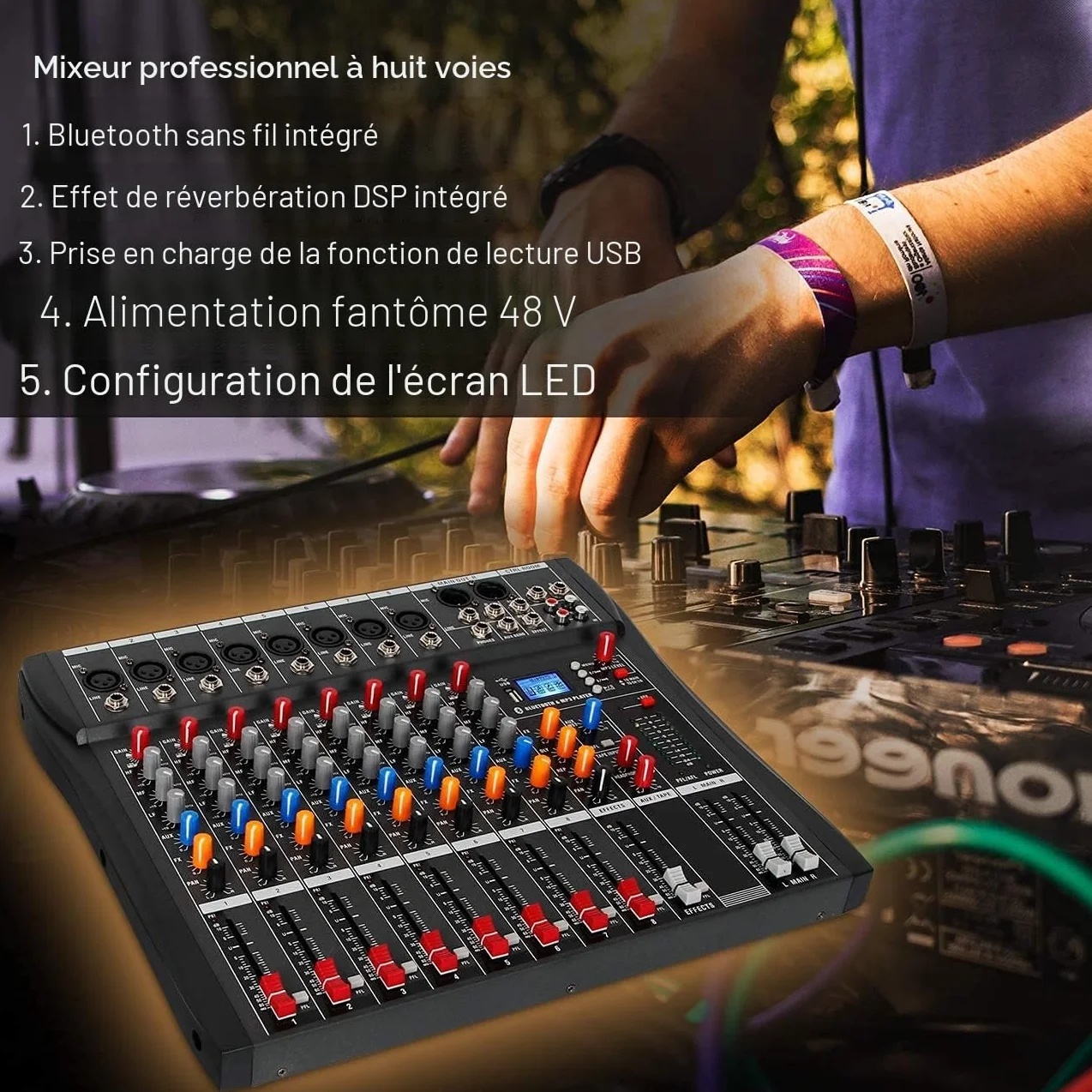 Depusheng DA8 Console de mixage audio professionnelle 8 canaux Bluetooth USB MP3 Alimentation fantôme 48V Noir