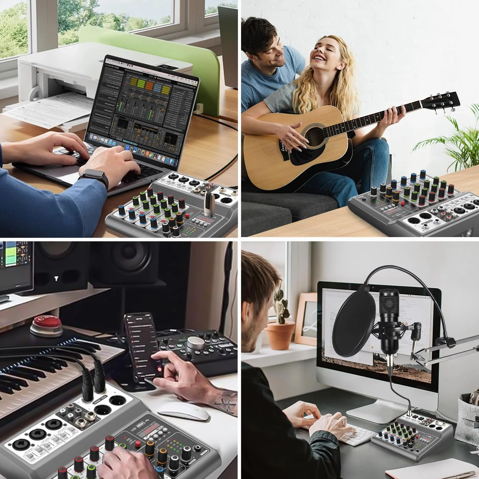 Aveek Console de mixage sonore 5 canaux USB Bluetooth Effets Réverbération delay Alimentation Fantôme 48V Mixeur DJ Stéréo