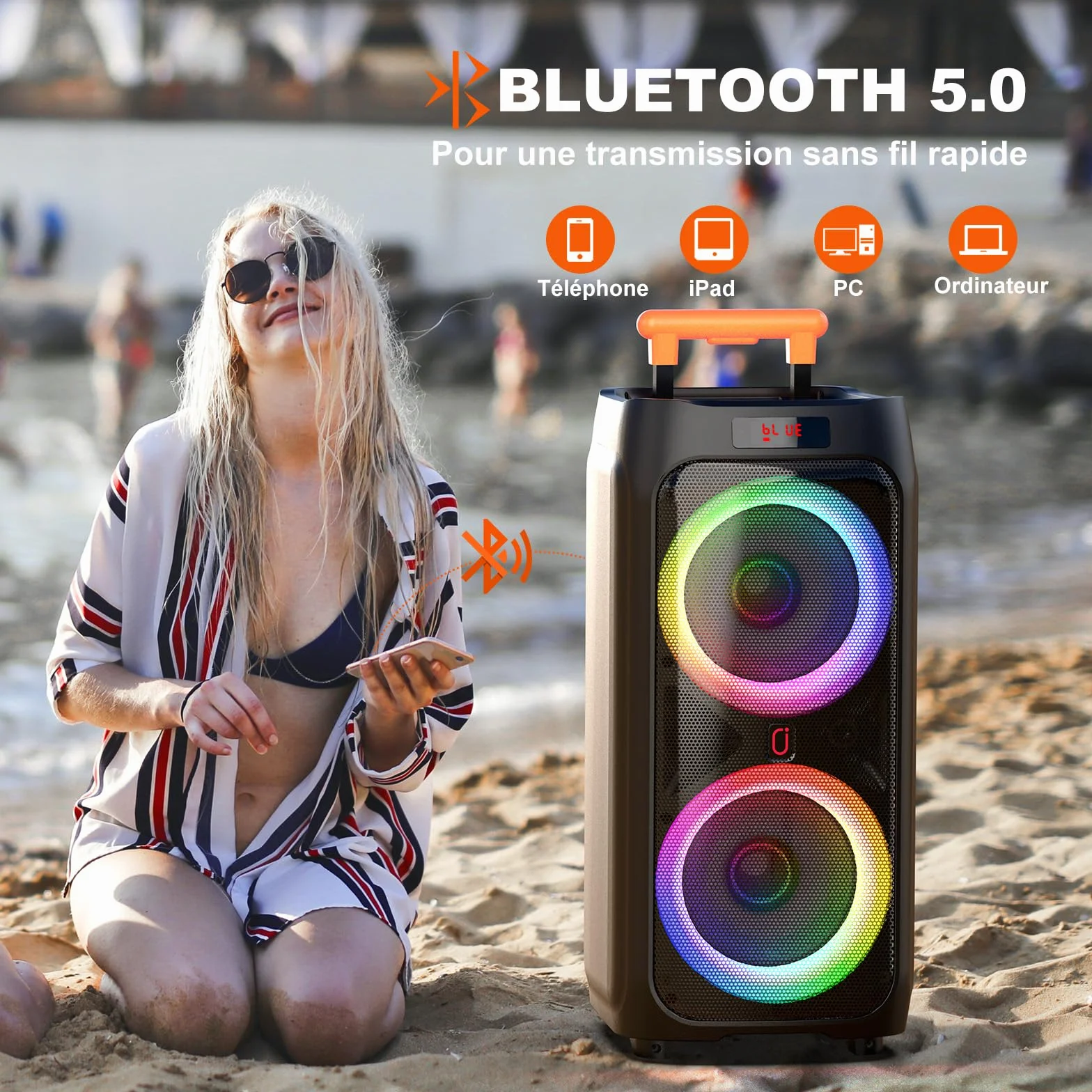 Enceinte Bluetooth 5.3 500W avec Subwoofer 8" et 2 Micros sans Fil, Système PA avec Lumières DJ pour Fêtes