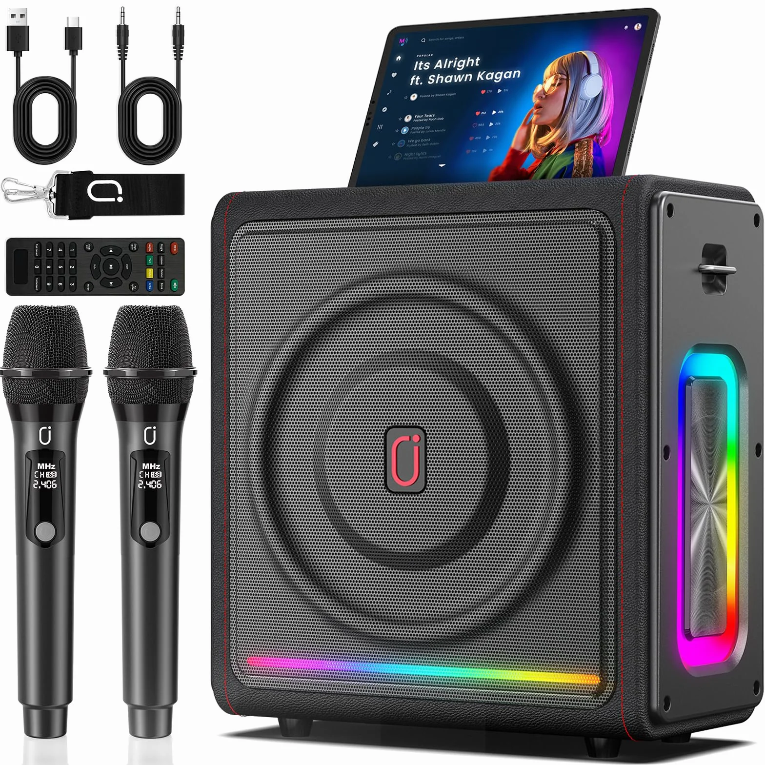 Machine Karaoke sans Fil 300W avec 2 Micros, LED, Autonomie 36h, Système PA TF/USB FM