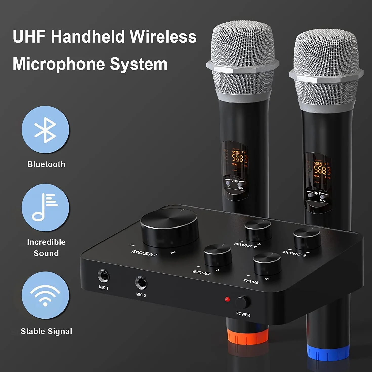 Karaoke Micro sans Fil UHF Double Portable Bluetooth pour TV PC Fête DJ Haut-Parleur 100FT