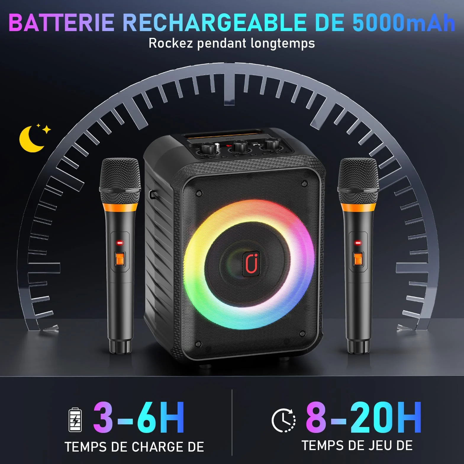 Enceinte Karaoke 120W 2 Micros sans Fil Bluetooth Portable avec Lumières LED