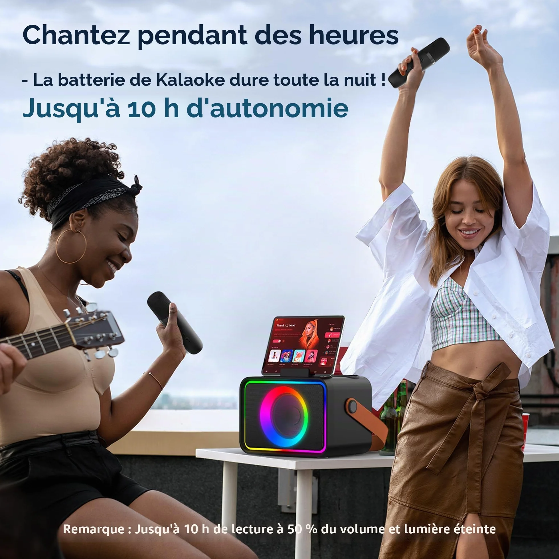 Machine de karaoké Bluetooth portable avec 2 microphones et lumières Disco