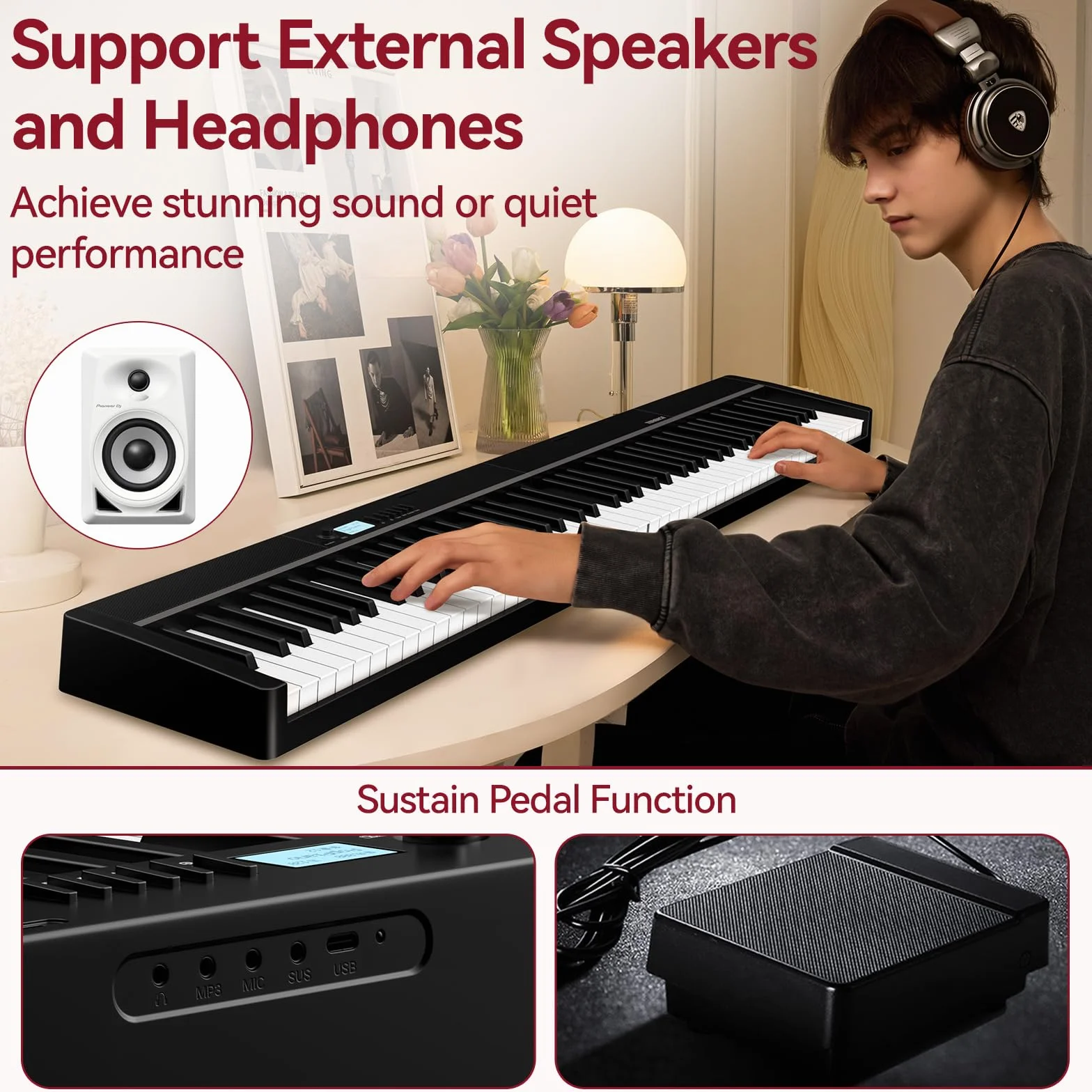 Piano numérique 88 touches lestées 1800 mAh Bluetooth MIDI Noir
