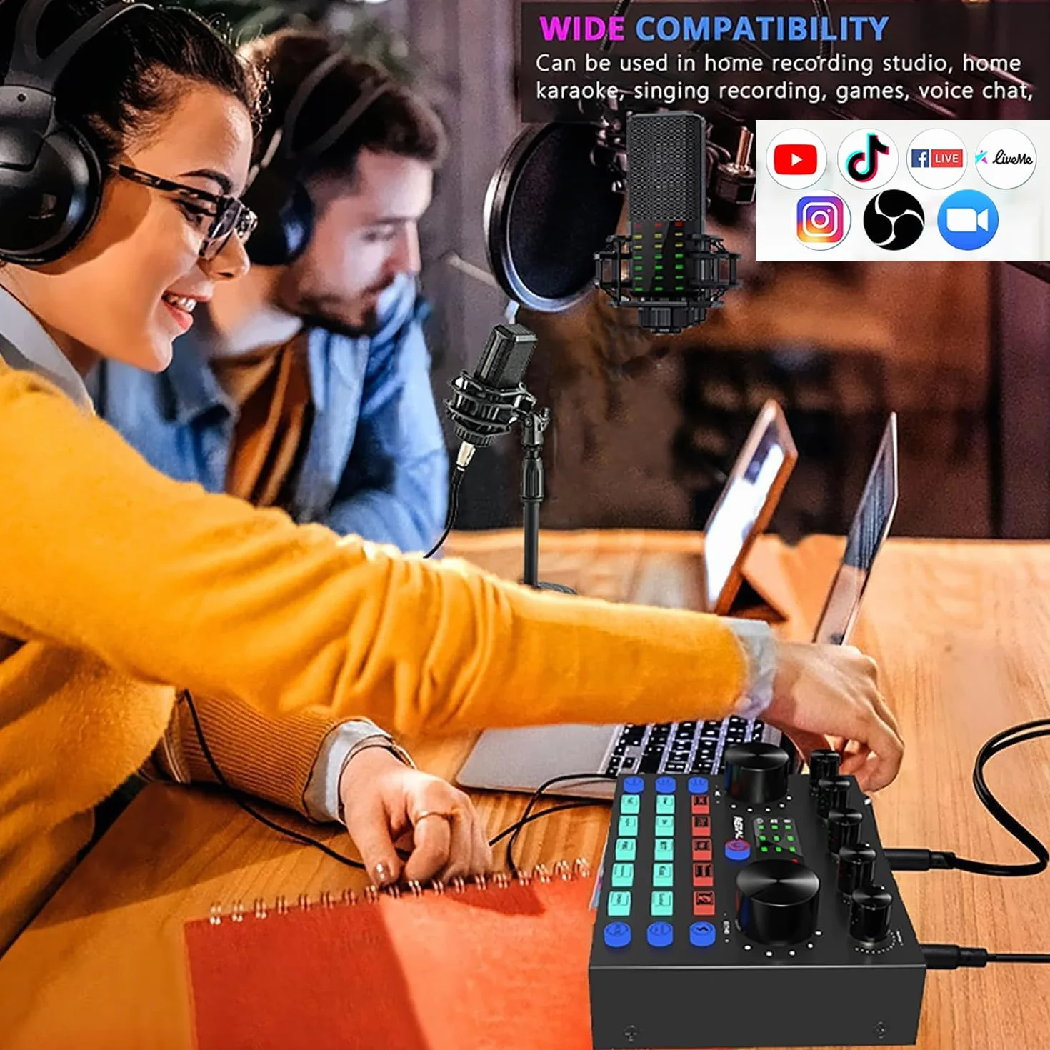 Ensemble de Podcast Micro Gaming Carte Son Karaoke Table de Mixage DJ Set Interface Audio USB Microphone à Condensateur Bluetooth Streaming